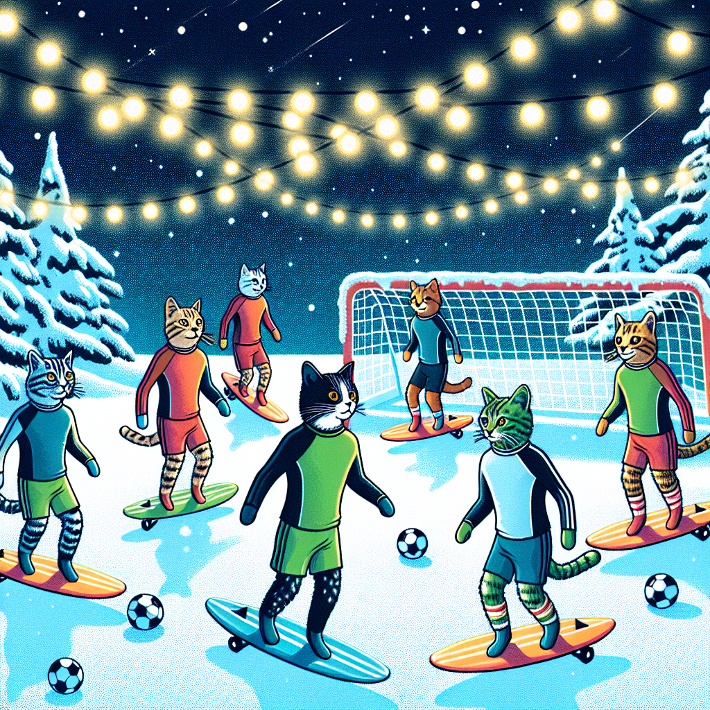 Vector image of a snowy Christmas field where cat surfers are playing football, with goal posts decorated with Christmas lights.
Generated with these interests: Cats, Surfing, and Football.
Made with ❤️ by AI.