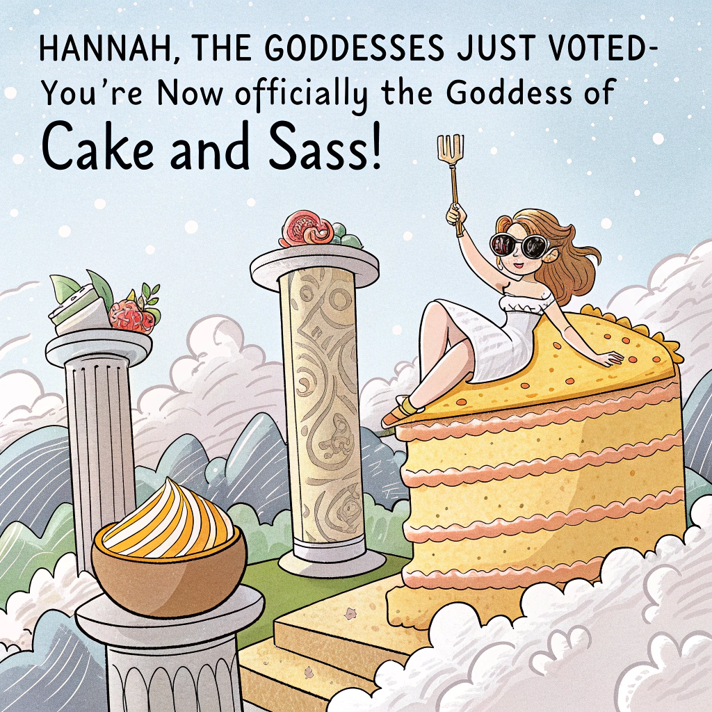 At the top of the image, "Hannah, the Goddesses Just Voted—You're Now Officially the Goddess of Cake and Sass!"

- Illustrate a whimsical cartoon scene set high atop Mount Olympus, with fluffy clouds and glittering marble columns.
- Several Greek goddesses (like Athena, Aphrodite, and Artemis) are lounging around a massive golden birthday cake, looking fabulously divine yet mildly annoyed as Hannah, in a goddess toga and sunglasses, confidently snatches the biggest slice.
- One goddess holds a scroll labeled “Olympus Official Birthday Decree.”
- Add some floating mini Pegasus munching on cupcake clouds for extra ridiculousness.
- At the bottom of the image, include the caption: “Another year older, and you still slay like Zeus dodging paternity tests!”
Generated with these themes: Mount Olympus with Greek goddesses.
Made with ❤️ by AI.