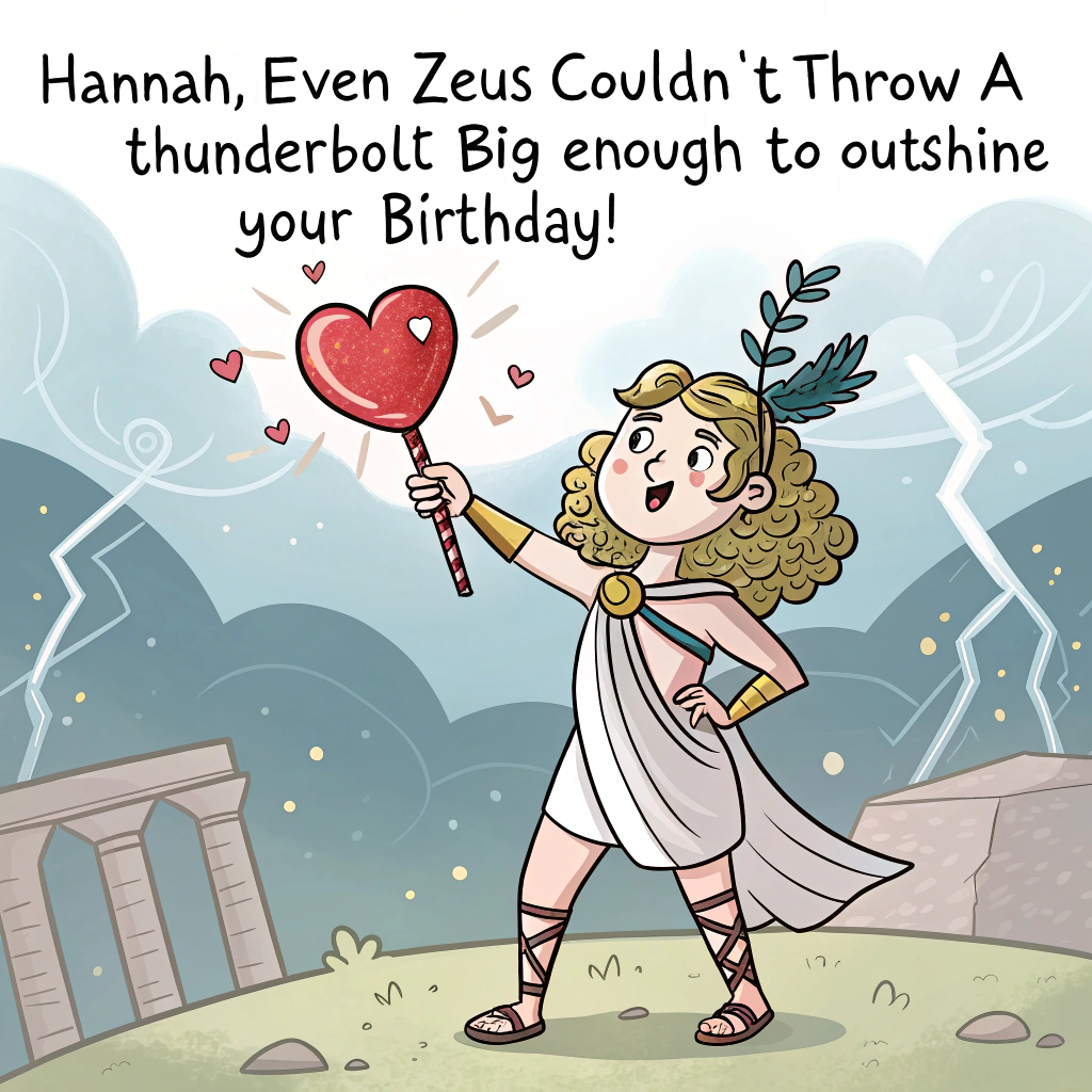 At the top of the image, "Hannah, even Zeus couldn’t throw a thunderbolt big enough to outshine your birthday!"

- Illustrate a humorous cartoon scene on Mount Olympus, where the Greek goddesses are all dressed in toga-chic party wear, tossing confetti made of lightning bolts.
- Aphrodite is holding a heart-shaped birthday balloon, Athena is offering a birthday cake shaped like a laurel wreath, and Hera is grumpily blowing into a party horn that shoots out sparkles.
- In the background, Zeus looks slightly peeved as all the attention has shifted to Hannah’s majestic, sparkly birthday throne at the summit of Olympus.
- A cheeky Pegasus wearing a party hat peeks from behind a marble column with a cupcake in its mouth.
Generated with these themes: Mount Olympus with Greek goddesses.
Made with ❤️ by AI.