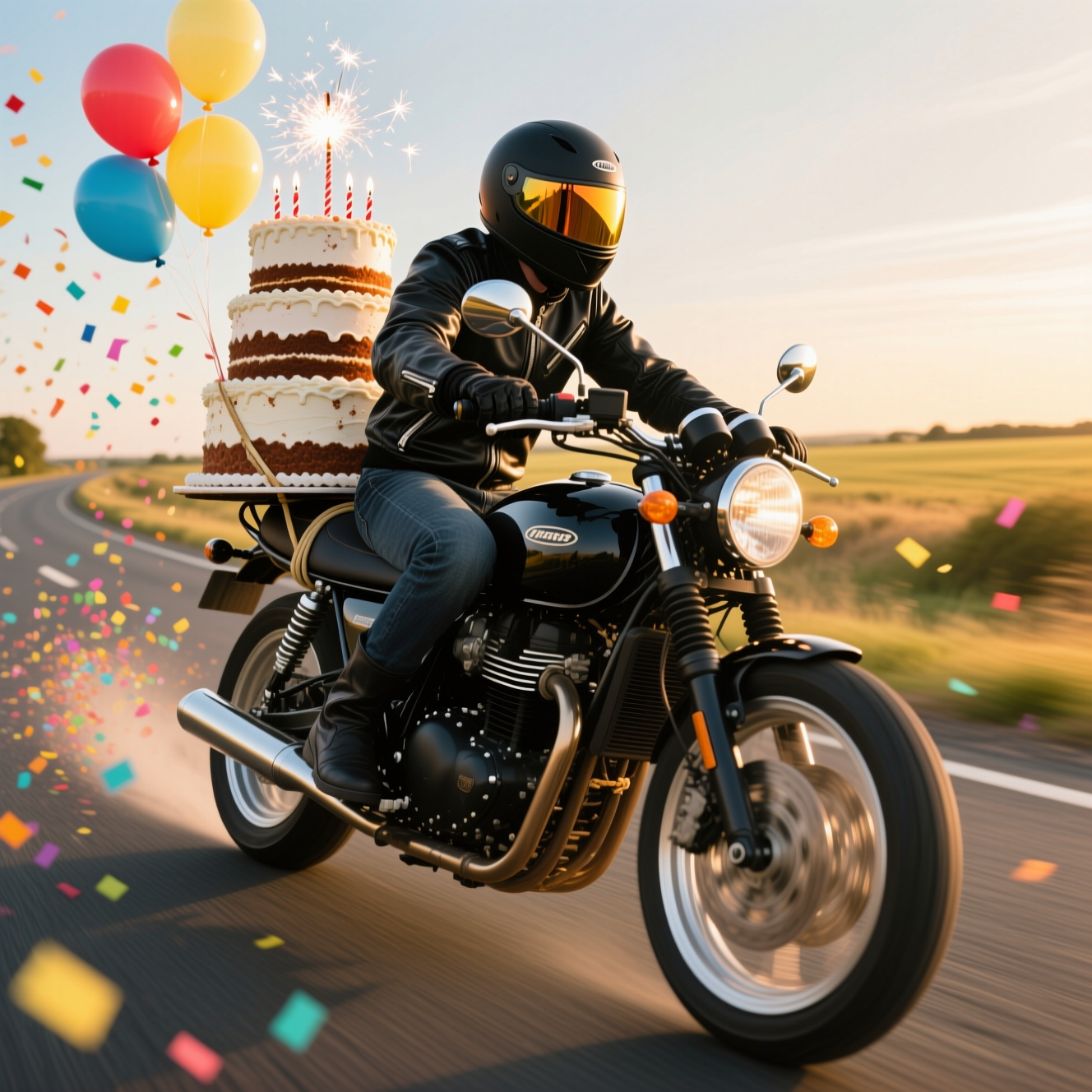 At the top of the Photorealistic picture taken from a camera image, Happy Birthday Brian

Ultra-high-definition 4K UHD photorealistic scene: a dynamic panning shot of a motorcycle blasting down an empty country road at golden hour. The adult rider wears full protective gear (matte black full-face helmet with reflective visor, black leather jacket, gloves, jeans, boots; no visible logos). The bike is a clean, brandless classic roadster, polished metal and deep paint gleaming. Strapped to the rear seat with bungee cords is an absurdly tall, multi-tier birthday cake, icing slightly smudged, fizzing sparklers and a few lit candles leaving tiny streaks of warm light. Bright balloons (pastel reds, blues, yellows) are tied to the mirrors and flutter behind, while colorful confetti swirls in the slipstream like a festive comet tail. The front wheel pops into a playful mini-wheelie as the rider zips past the camera, asphalt texture razor-sharp beneath, adding a cheeky sense of speed and celebration.

Lighting and camera: warm, low-angle sun with natural rim light on chrome and leather; realistic shadows; crisp highlights. Low side-tracking angle, 85mm lens, f/2.0, 1/125s panning, ISO 100. Subject tack-sharp; background motion-blurred with rich, creamy bokeh. Hyper-detailed textures: tire tread, leather grain, brushed metal, frosted icing, balloon latex, individual confetti pieces midair.

Add a small, cheeky caption near the bottom center in a clean, bold, high-contrast type: Born to ride, forced to cut cake.

No other text anywhere (no brand logos, no readable license plate, no billboards). Vibrant yet realistic colors, lifelike materials, accurate perspective, rich depth of field.
Generated with these themes: Riding motorbikes, and .
Made with ❤️ by AI.