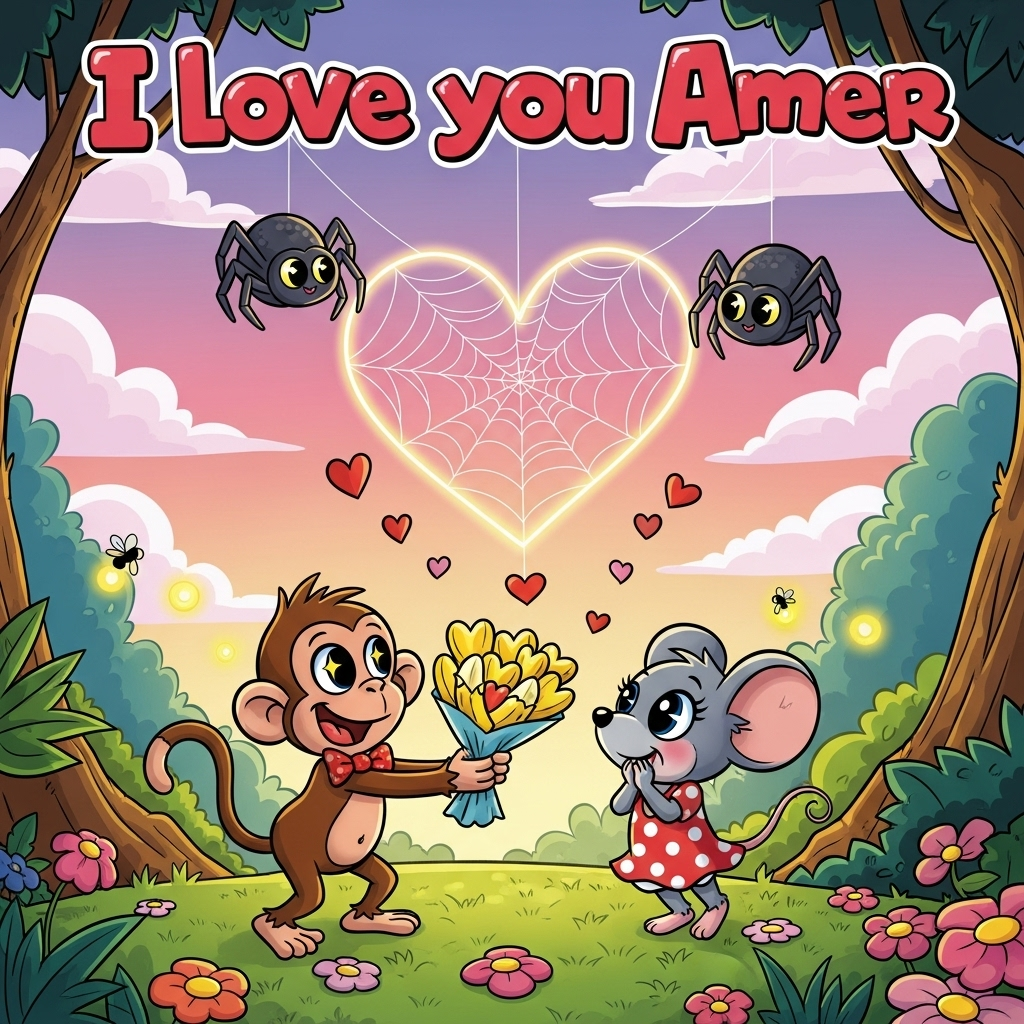 At the top of the Cartoon Style image, write in bold, playful, heart-shaped lettering: **"I love you Amer"**.  

A vibrant, romantic cartoon scene set in a whimsical jungle clearing under a sky of soft pinks and purples. In the center, a cheeky monkey wearing a tiny red bowtie is offering a bouquet of heart-shaped bananas to a bashful little mouse in a polka-dot dress, both with big sparkling eyes. Above them, two adorable cartoon spiders dangle from silken threads, weaving a glowing web in the shape of a giant heart. The jungle floor is scattered with candy-colored flowers, and fireflies twinkle in the background. The style is playful and exaggerated, with thick black outlines, bright saturated colors, and bouncy, energetic poses. Tiny details of love hearts float through the air, tying the whole romantic jungle scene together.
Generated with these themes: Romance, Love, Monkey, Spiders, Mouses, and .
Made with ❤️ by AI.