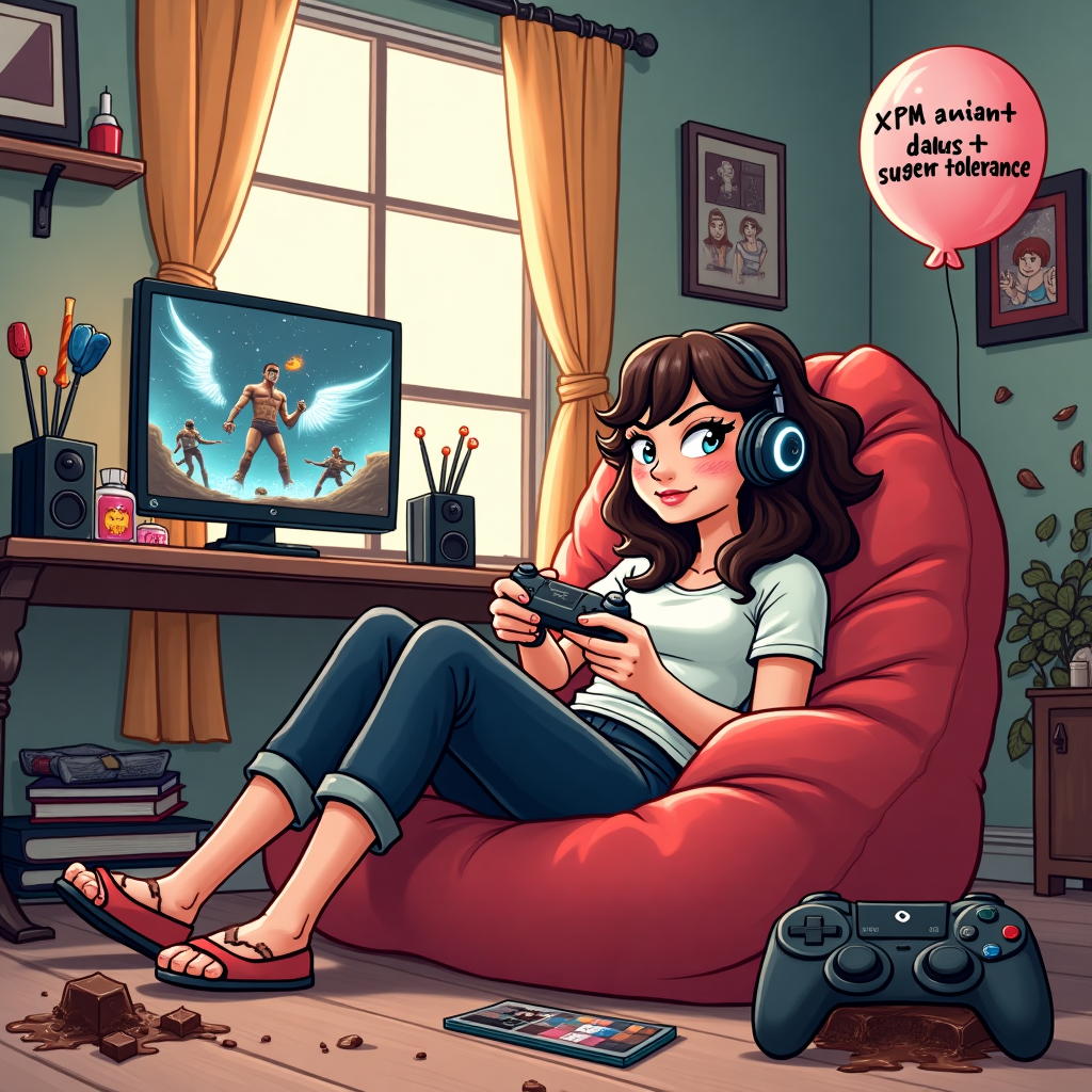 **Image Prompt:**

At the top of the illustration image, *"Level 18 Unlocked, Scarlet: Now You're Legally Allowed to Rage Quit with Chocolate on Your Face!"*

Illustrate a chaotic and comical bedroom battlefield where Scarlet — a sassy, artsy teenager with a gamer headset slightly askew, fierce winged eyeliner, and paint smudges on her cheeks — is dramatically slouched in a beanbag chair, controller in one hand and half-eaten chocolate bar in the other.

Behind her, a gaming setup blazes with an epic battle scene, while art supplies explode off a nearby table like an unfinished masterpiece gone rogue. A makeup palette has clearly been caught in the crossfire — one side of her face has flawless contouring, the other is an accidental Picasso.  

Candy wrappers and broken game controllers litter the floor, and a sarcastic birthday balloon reads: "XP gained: sass + sugar tolerance". In the corner, a giant birthday cake in the shape of a console oozes melted chocolate.

The whole scene screams: teenage gamer meets beauty vlogger meets chaotic artist — and she’s loving every sweet, chocolate-covered moment of it.
Generated with these themes: 18, Gaming, Chocolate, Art, and Make up.
Made with ❤️ by AI.