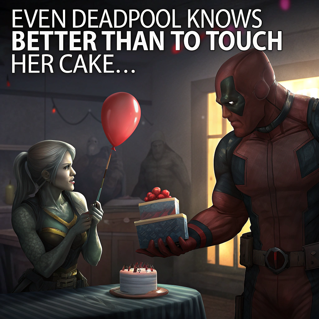 At the top of the image, "Even Deadpool Knows Better Than to Touch Her Cake..."

- Create a realistic photograph-style scene set in a dimly lit, eerily quiet party room.  
- In the center-left, show Deadpool standing solemnly, holding a limp red balloon in one hand and a wrapped birthday present in the other. His head is slightly bowed as if questioning all of his life choices.  
- Looming beside him on the right, depict a large, intimidating Xenomorph — fully realistic, biomechanical texture gleaming, crouched near the birthday table. It's wearing a tiny, awkwardly perched glittery party hat, its sharp teeth dripping with gooey saliva.  
- In the center of the table, show a meticulously decorated birthday cake with bright blue icing and candles melting down.  
- Above the table, a crude party banner hangs: "Stay away from the cake you bitch!"  
- The entire image should convey a surreal and tense party atmosphere, almost too quiet — like everyone’s waiting for something (terrible) to happen.  
- Muted lighting, cool tones, and slightly moody contrast enhance the solemn, ominous vibe despite the absurdity.
Generated with these themes: Deadpool holding a balloon and present, Large, scary Xenomorph wearing a party hat and drooling, Birthday cake with blue icing, and Banner saying, "Stay away from the cake you bitch!".
Made with ❤️ by AI.