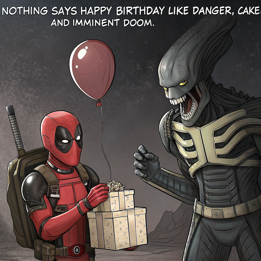 Deadpool holding a balloon and present, Large, scary Xenomorph wearing a party hat and drooling, Birthday cake with blue icing, and Banner saying, "Stay away from the cake you bitch!" Birthday Card