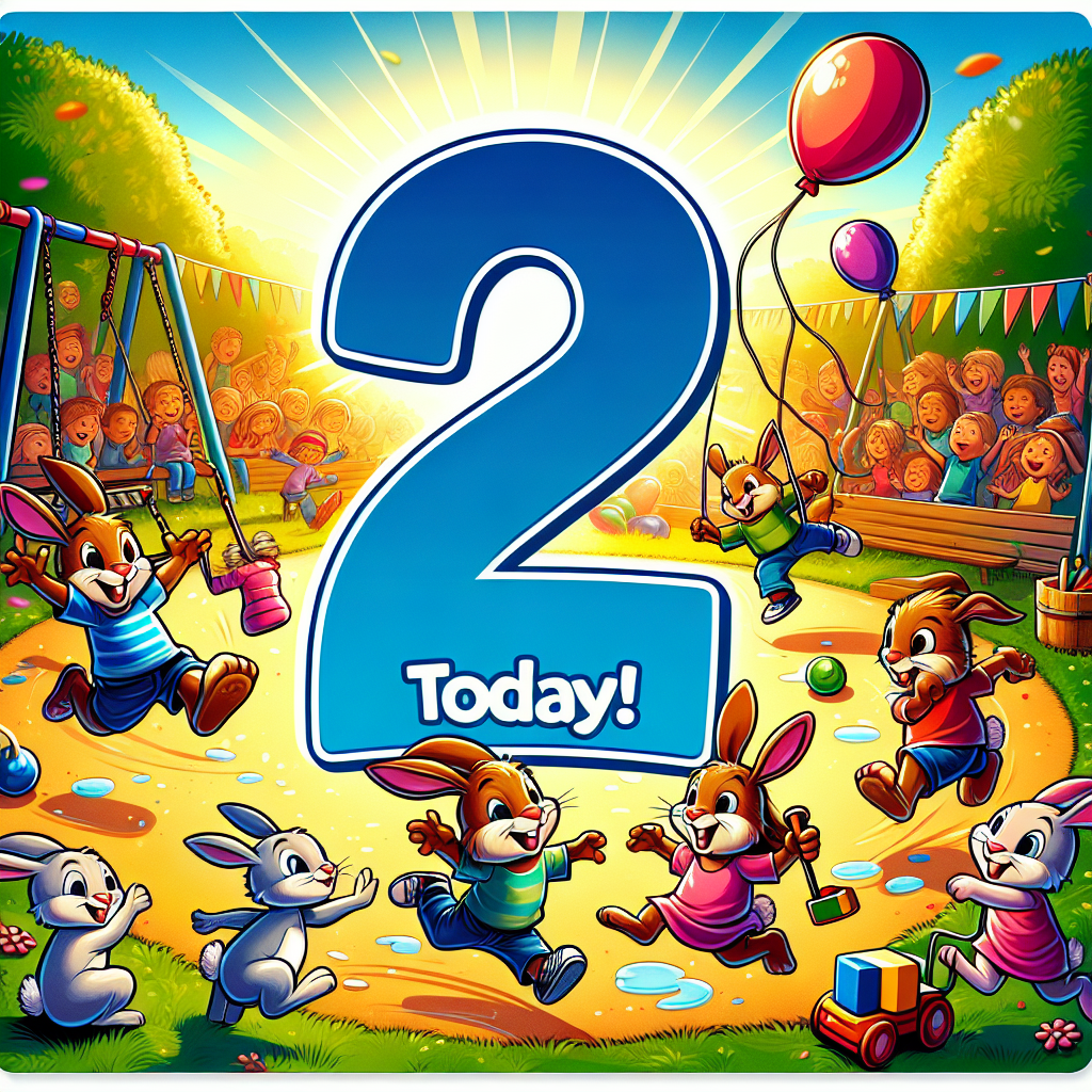 A dynamic cartoon image of a park teeming with excitement under bright sunlight. Two large, chromatic digits '2' and a word 'today' are prominently displayed, signifying a special occasion. Exuberant rabbits of different colors hop agilely around, deftly avoiding puddles from a recent rainfall. Their antics add to the cacophony of children's laughter in the background. Various types of toys lie strewn about, signifying moments of fun and joy. There are children of diverse races and genders taking turns on the playground swings, soaring gaily back and forth under a banner proudly announcing 'Happy Birthday!'. The general ambiance is joyous, indicative of a harmonious birthday party.
Generated with these themes: 2 today, Park, Puddles, Toys, Swings, Happy Birthday!, and Rabbits.
Made with ❤️ by AI.