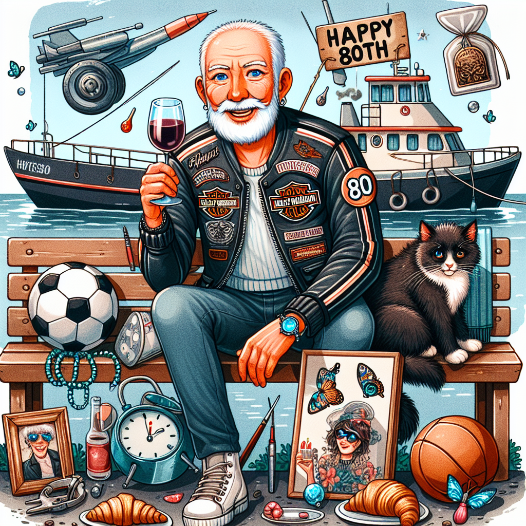 Themes: Bald old white man, Blue eyes, Fluffy black with white bib tuxedo cat, Motorcycle jacket, Red wine, Soccer, Trawler fishing boat, turquoise jewellery, Books, Croissant, Artist painter, rock music, Harley Davidson, and 80 Birthday Card