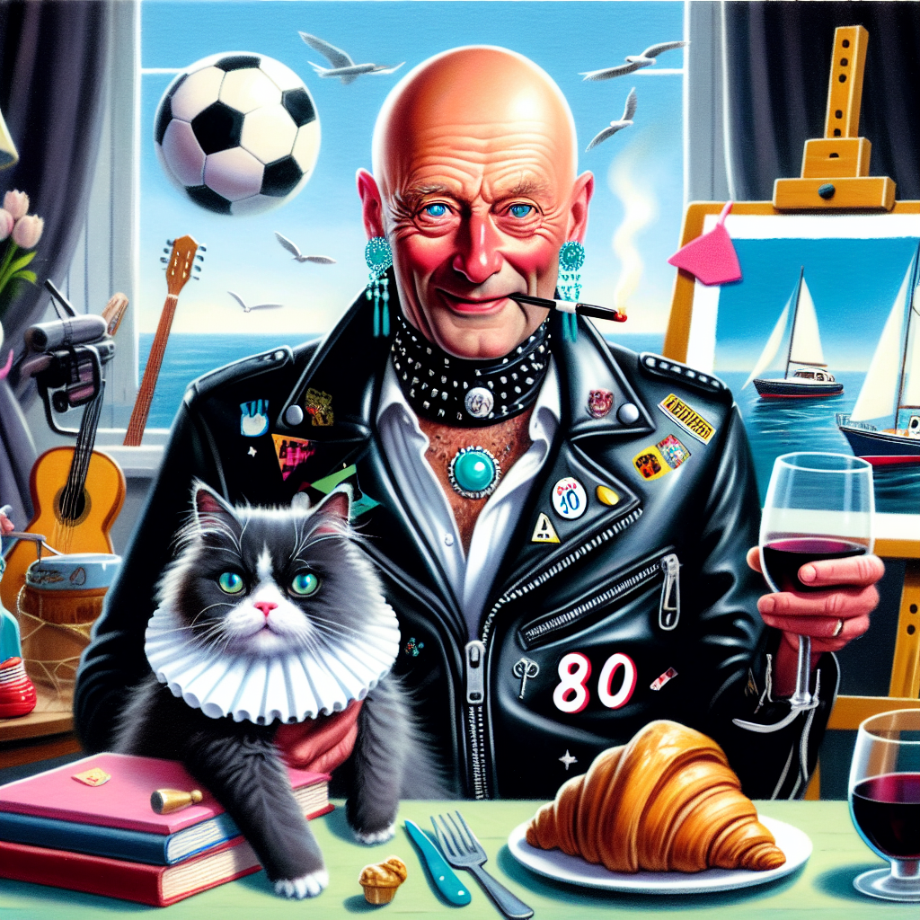 Themes: Bald old white man, Blue eyes, Fluffy black with white bib tuxedo cat, Motorcycle jacket, Red wine, Soccer, Trawler fishing boat, turquoise jewellery, Books, Croissant, Artist painter, rock music, Harley Davidson, and 80 Birthday Card