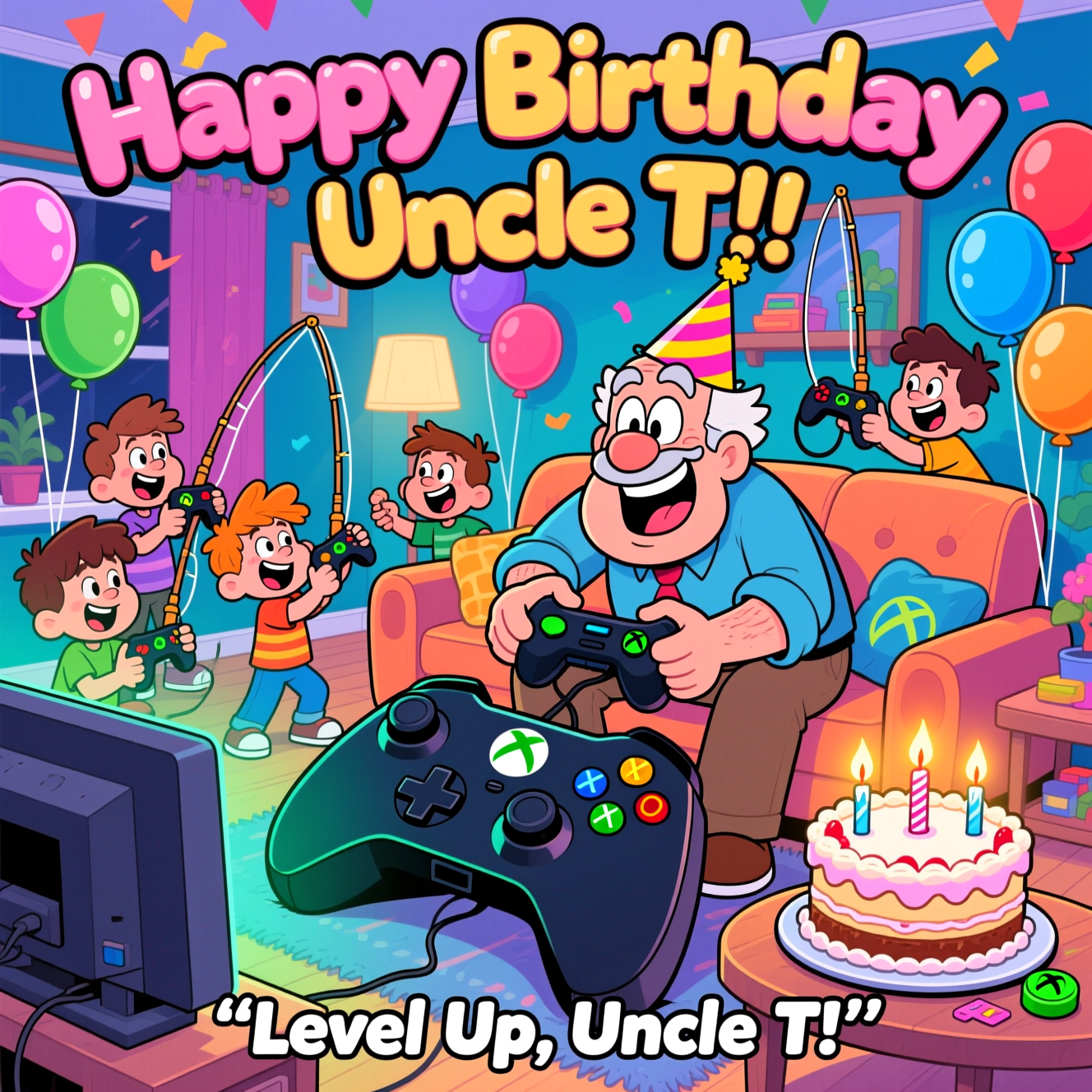 At the top of the Cartoon Style image, write in bold, playful bubble letters: **Happy Birthday Uncle T**  

Create a funny, cartoon-style scene with bright, saturated colors: A big living room filled with balloons, cake, and a giant Xbox controller as a coffee table. Uncle T is drawn as a cartoon character with an oversized head and goofy grin, wearing a party hat while furiously mashing buttons on a giant Xbox controller. Around him, a group of mischievous cartoon kids (with exaggerated excited expressions) are dangling Xbox controllers like fishing rods, trying to “distract” him from playing. A birthday cake shaped like an Xbox console sits nearby, with glowing candles styled as little green Xbox power buttons.  

Add small caption text at the bottom in a fun, playful font: **“Level Up, Uncle T!”**  

Style: Playful cartoon, thick outlines, wobbly exaggerated proportions, vibrant bright colors, humorous details.
Generated with these themes: Xbox, and .
Made with ❤️ by AI.