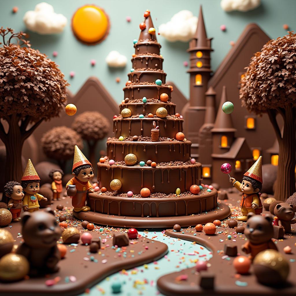 In a whimsical chocolate wonderland, a grand birthday celebration is underway, centered around a towering, tiered birthday cake crafted entirely from rich, decadent chocolate. Each layer of the cake is adorned with colorful, candy-coated chocolates that glisten like jewels. A chocolate river meanders through this enchanting landscape, dotted with little boats made of giant chocolate bars floating gracefully on its surface. Along the banks, oversized chocolate trees with leaves of white, dark, and milk chocolate gently sway, enhancing the magical atmosphere.

Playful, life-sized chocolate animals add to the amusement: a bear clutches a honey pot, a squirrel holds a giant chocolate acorn, and a flock of intricately detailed chocolate birds perch on the branches. Nearby, a whimsical chocolate factory exhales sweet-scented steam from its chimneys, with warmly lit windows revealing the tiny silhouettes of busy chocolate-making elves at work.

A group of joyful children, donned in festive party hats made from chocolate wrappers, share laughter and excitement near the cake. They clutch balloons that glimmer like large chocolate truffles on strings, while one child delights in handing out chocolate-dipped strawberries, and another attempts to catch the flowing stream of a chocolate fountain with a cup.

The scene is set against a backdrop of a sky adorned with fluffy, cotton-candy-like clouds and a sun resembling a giant, glowing caramel drop. Throughout the landscape, chocolate banners proclaiming "Happy Birthday" in white chocolate hang, and colorful candy sprinkles are scattered like confetti on the ground. This fantastical composition creates an immersive birthday celebration in a delightful chocolate paradise.

Generated with these themes: Chocolate.  
Made with ❤️ by AI.