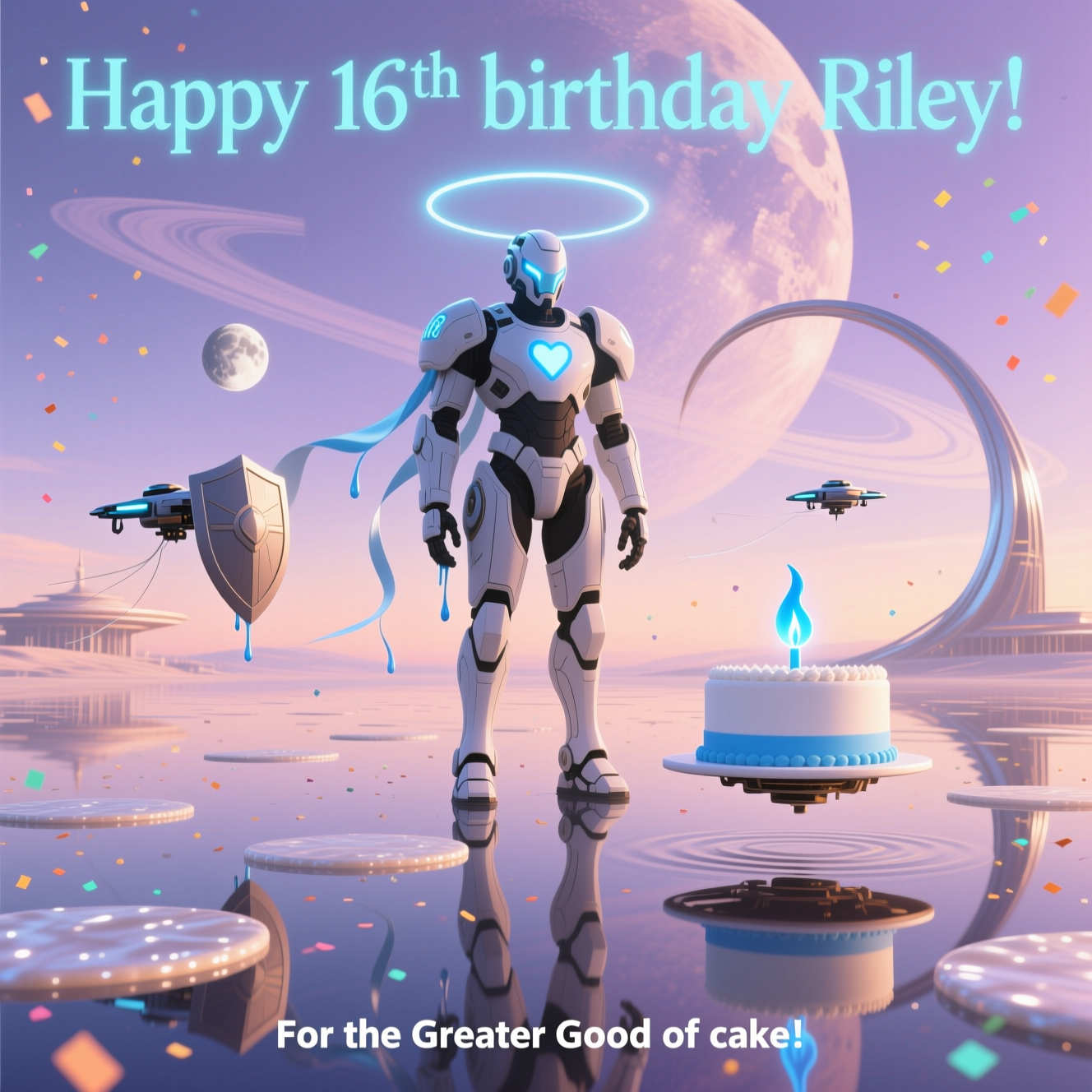 At the top of the Surreal Style image, "Happy 16th birthday Riley!" in sleek T’au glyph–inspired lettering, softly glowing cyan with a gentle halo

A serene, dreamlike T’au tableau: a monumental, elegant battlesuit silhouette (XV8-like) stands centered on a mirror-still plain of pearlescent stardust, its porcelain armor plates gently levitating apart, edges melting upward into ribboned drips, revealing a calm blue-white heartlight like a single candle flame. Friendly shield drones drift around it like tiny moons, tethered by thin filaments of light; a minimalist hovering “cake” shaped like a T’au drone—matte white with a sky-blue sept band—slowly spins nearby, crowned with one cerulean flame. On the horizon, graceful T’au architecture arches and bends like softened metal; a vast ringed planet sags and melts into a lavender–peach sky. Circular stepping discs ripple across liquid mirror puddles, reflecting elongated, impossible echoes of the suit. Ethereal, volumetric light, warm apricot highlights over cool teals and cyan glow; full-bleed composition, airy negative space, peaceful, sincere, no battle—only quiet wonder. Subtle drifting confetti shaped like tiny T’au glyphs glints in the light.

At the bottom, a small caption in crisp white microtype: "For the Greater Good of cake!"
Generated with these themes: Warhammer 40k T’au, and .
Made with ❤️ by AI.