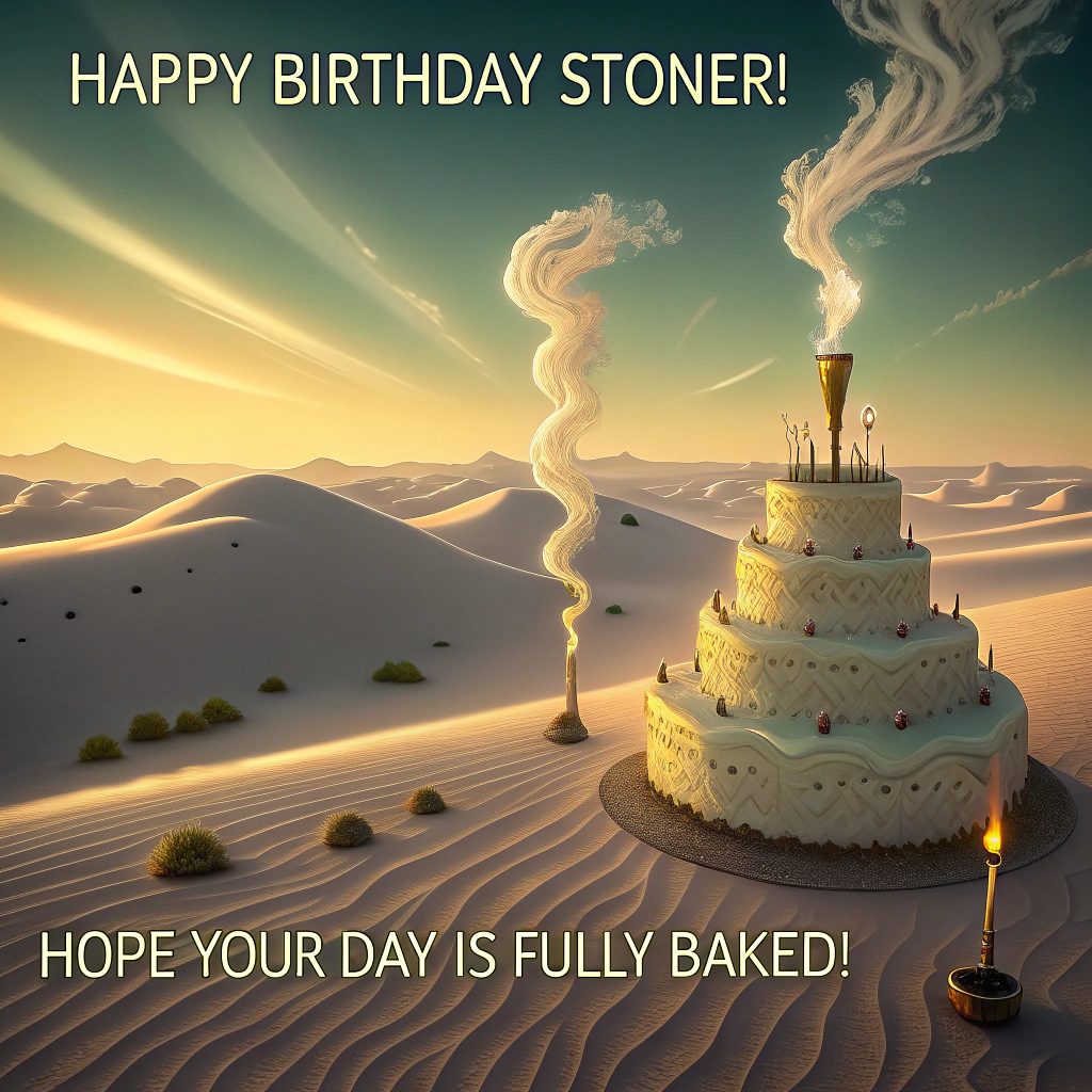 At the top of the Surreal Style image, "Happy birthday stoner!"
At the bottom of the image, "Hope your day is fully baked!"

- Dali-inspired dreamscape: a vast, frosting-white desert under a pistachio sky, lit with ethereal golden-hour light and long, liquid shadows.
- Centerpiece: a colossal tiered birthday cake shaped like a chrome grinder, slowly melting into sugary dunes. The candles are tiny rolled joints with glowing ember tips; their smoke curls upward into soft, wispy tendrils that echo the top text’s airy style.
- Surrounding oddities: drooping pizza-slice “clocks” draped over towering cannabis-leaf cacti, their hands pointing to 4:20; a crescent-moon taco floating low, spilling nebula-colored salsa that becomes a small rainbow river; donut planets with crystallized sugar rings orbiting lazily above.
- Edible flora: broccoli-like bud trees sparkling with glassy trichome dew; a bendy silver fork puddling like mercury; a spoon stretching into the horizon like a mirage.
- Palette: sage and mint greens, amethyst haze, honey-gold highlights, and creamy pastels; soft, misty atmosphere, painterly textures, melting shapes, and playful, surreal humor.
- Render the top text in wispy, smoky lettering; render the bottom text as glossy frosting script piped across the sand. No people, no logos.
Generated with these themes: Weed, Food, Canabis, and .
Made with ❤️ by AI.