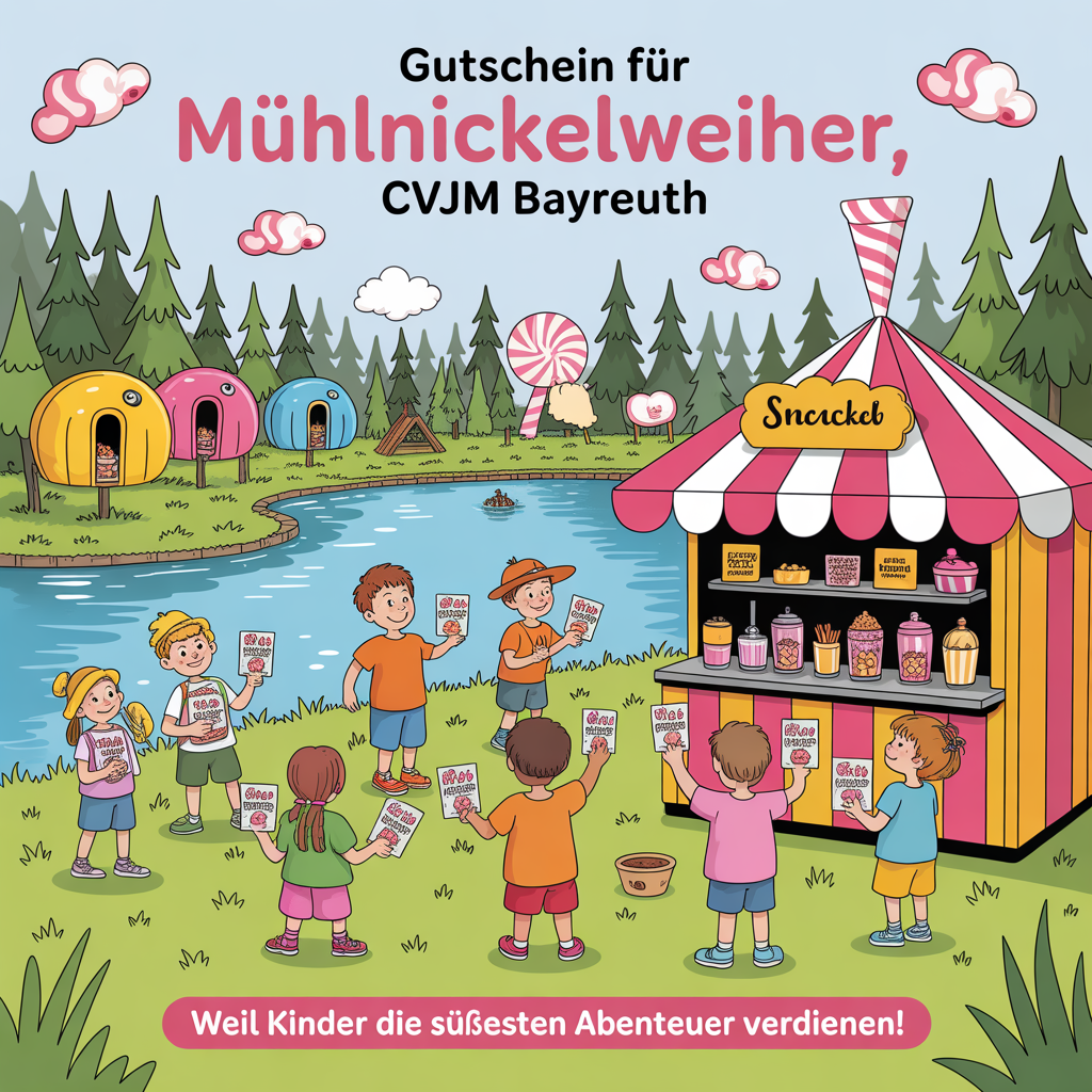 Generate a smal voucher for a kids camp. All text in german. The kids can buy sweets and snacks with it. the voucher sayst "Gutschein" below Mühlnickelweiher, CVJM Bayreuth, and Thank-you Card