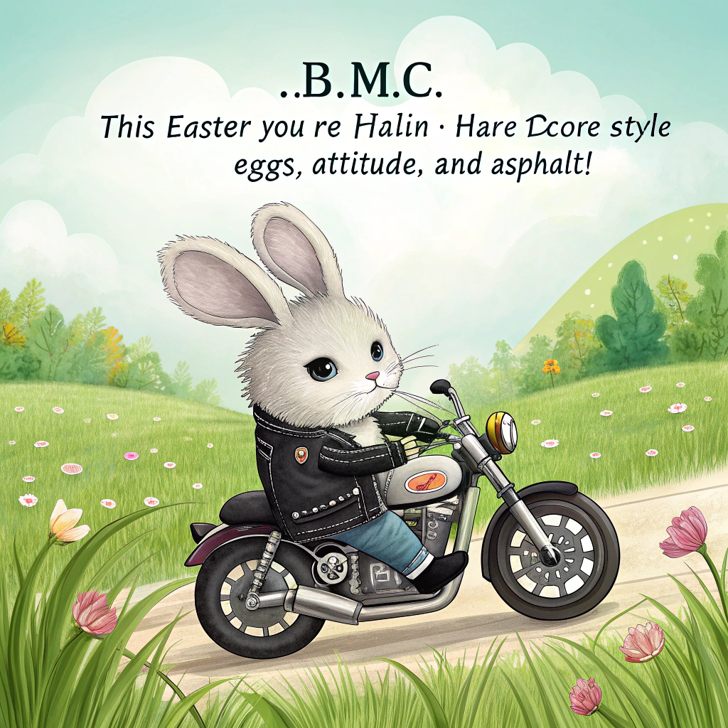 Bunny riding , Mini Motorcycle , Meadow , Leather jacket, Easter eggs, and Harley Davidson Easter Card