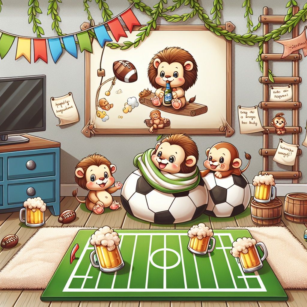 Illustrate a jovial, cartoon-style living room scene, animated with endearing animal caricatures enjoying a casual get-together with mini beer mugs. Central to this, a plush lion cub wrapped in a sports-themed blanket is comfortably placed on a playfully sketched football field serving as a rug. The room's walls showcase vines that create a basic rock climbing illustration, where cheerful monkey characters showcase their enjoyment in climbing. Fluttering in the background are banners filled with kind messages, all in festivity of the newborn arrival.
Generated with these themes: beer, football and climbing.
Made with ❤️ by AI.