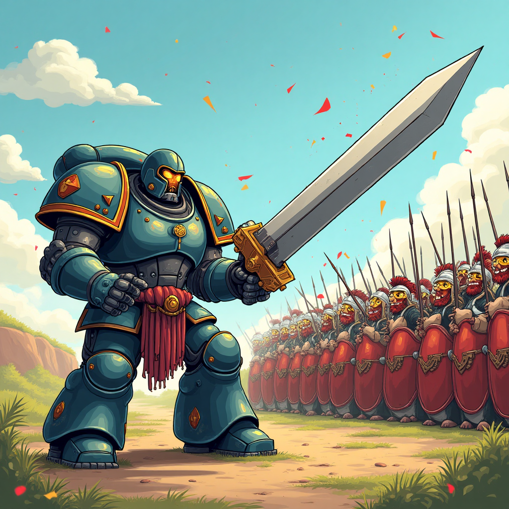 At the top of the Cartoon Style image, include the text: "Happy birthday Chris!"

**Image Description:**

A playful and exaggerated cartoon scene where a mighty Warhammer Space Marine, with his oversized, shiny armor, is humorously battling against a comical Greek phalanx. The Space Marine, brandishing an enormous foam sword, looks surprised as he's being poked by the harmless, rubber-tipped spears of the Greek soldiers. 

The Greek phalanx is composed of animated, stubby soldiers with round shields and exaggeratedly plumed helmets, each wearing a mischievous grin. They are huddled closely together, resembling a cluster of playful penguins more than a fearsome ancient force. 

The background is a bright and cheerful battlefield with vibrant colors and a cartoonish landscape, featuring puffy clouds and hills dotted with confetti. 

In the corner, a small cheeky caption reads: "When history and sci-fi collide... on your birthday!"
Generated with these themes: Warhammer space marine fighting a greek phalanx, and .
Made with ❤️ by AI.