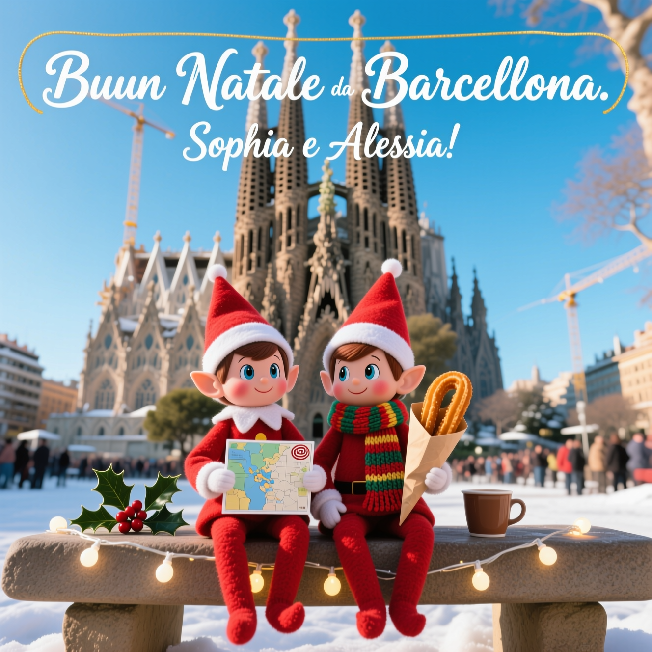 Due elfi di elf on the shelf sotto la Sagrada Familia a Barcellona, La sagrada familia deve vedersi bene, Foto di giorno, and Christmas Card