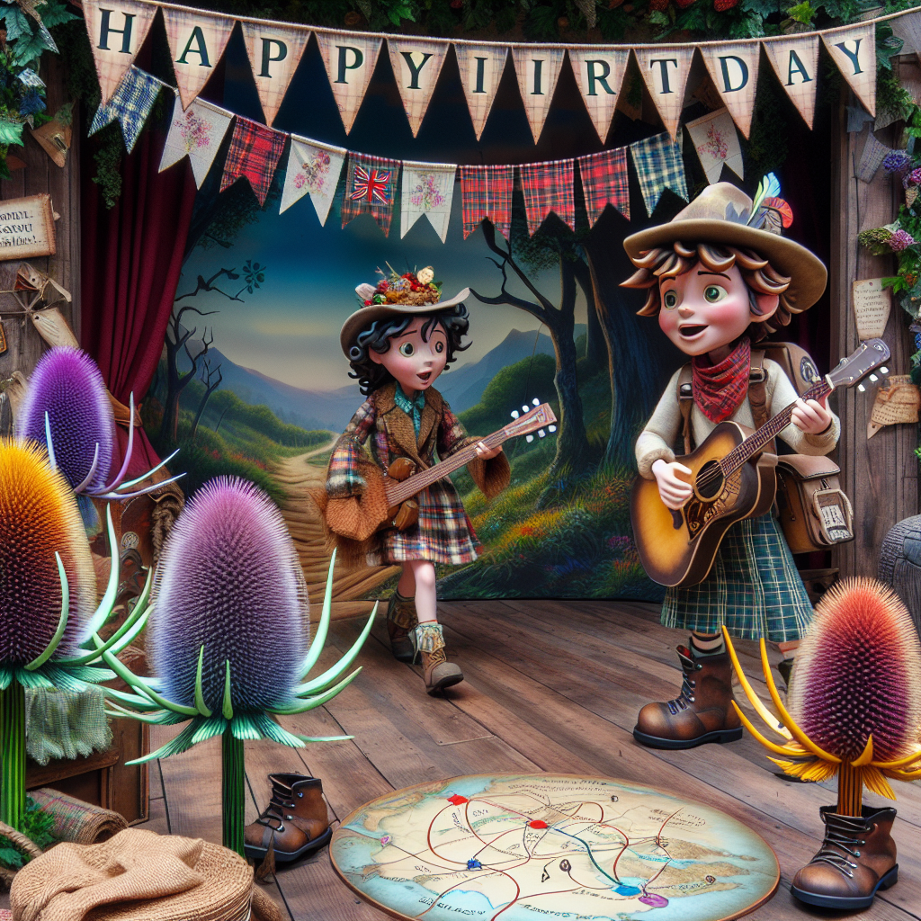 In a whimsical forest clearing, a delightful animated birthday party is underway, infusing the atmosphere with an aura of magical excitement of nature merged with a hint of past eras. A cartoonish cowboy character, recognizable by his characteristic hat and boots, is seen orchestrating a treasure hunt, with clues tucked beneath exaggerated versions of colourful thistles and thorns. Meanwhile, an animated character holding a guitar, sporting curly hair and vintage attire, performs atop a small stage adorned with plaid patterns, bringing together Scottish traditional music aesthetics with the melody of birthday joy. Overhead, a banner embellished with hiking boots and trail markers boldly proclaims 'Happy Birthday', tying the scene together in an endearing ensemble of rustic elements and cheerful celebration.
Generated with these themes: Hiking, J.R. Ewing, Dallas TV show, Neil Diamond, and Scottish traditional music .
Made with ❤️ by AI.