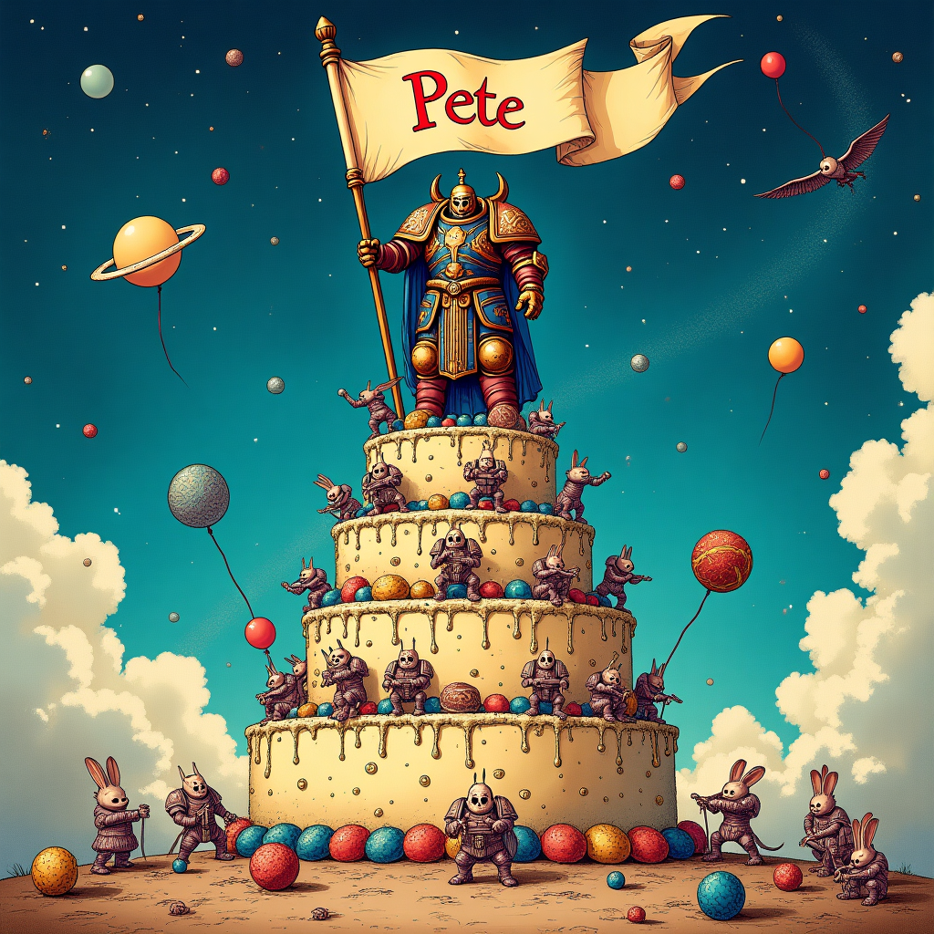 The front cover of the birthday card showcases a bustling, humorous scene reminiscent of a grand cosmic festivity, all in hand-drawn, intricate detail. Imagine the intricate style of Aubrey Beardsley, infused with the playful whimsy of Quentin Blake, and colored with the vibrant yet subtle palette of Maxfield Parrish.

**Foreground:** At the center, a towering Warhammer 40k Brother Chaplain stands triumphantly atop a colossal, multi-tiered birthday cake. The Chaplain is resplendent in ornate armor, adorned with intricate scrollwork and a mix of gothic and sci-fi elements, reflecting Gustave Doré's detailed line work. His helmet is sculpted with a skull motif, and his shoulder pads are emblazoned with the Aquila emblem, all rendered with meticulous detail akin to Arthur Rackham's finesse.

**Cake Details:** The cake is an extravagant, exaggerated affair, each tier more elaborate than the last, draped with cascading icing in a rainbow of colors—blues, reds, and golds—each shade reminiscent of Beatrix Potter's soft watercolor hues. Miniature candied Space Marines stand in formation along the cake tiers, all brandishing tiny frosting bolters.

**Background:** The background teems with fantastical elements. Picture a vibrant, cosmic landscape, where distant planets and swirling galaxies stretch across a deep blue sky, dotted with shimmering stars that echo Norman Rockwell’s eye for scene-setting. In the sky, a banner unfurls, caught in a gentle, otherworldly breeze. The banner, made of delicate parchment-like material, is inscribed with the name "Pete" in bold, regal letters, in a style that nods to Maurice Sendak’s storytelling charm.

**Additional Elements:** Surrounding the cake, a cast of whimsical creatures reminiscent of Edward Gorey's quirky characters are scattered around, each engaged in their own little celebration. Some are balancing on floating balloons, others are attempting to wrap a towering gift, with ribbons trailing in the air. A small, inquisitive dragon sits at the base of the cake, its scales rendered with the rich, detailed textures of N.C. Wyeth.

The card captures a delightful fusion of the epic and the playful, creating a birthday scene that is both humorous and grand, layered with visual stories that invite the viewer to linger and explore each detail.
Generated with these themes: Warhammer 40k brother chaplain.
Made with ❤️ by AI.