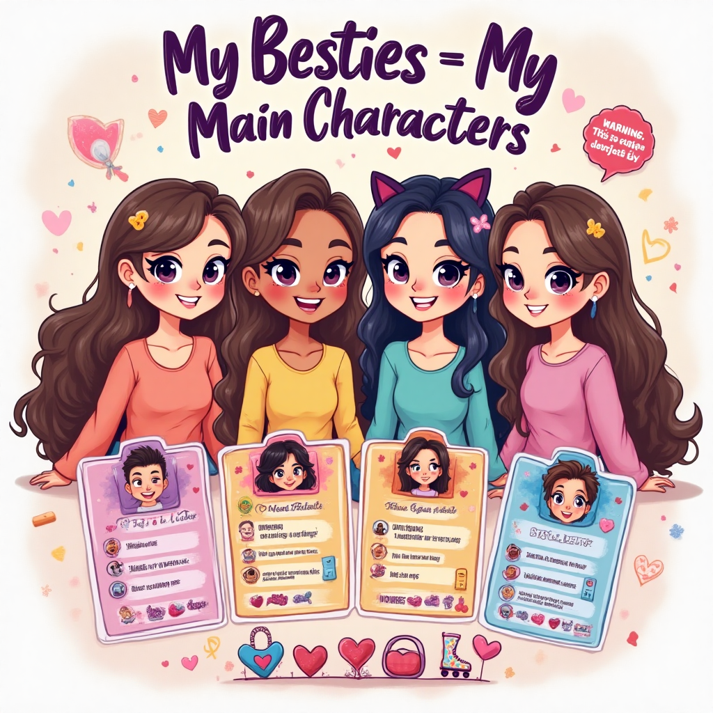 Cartoon faces, Long hairs, long eyelashes, Sitting together as a 4, and Thank-you Card