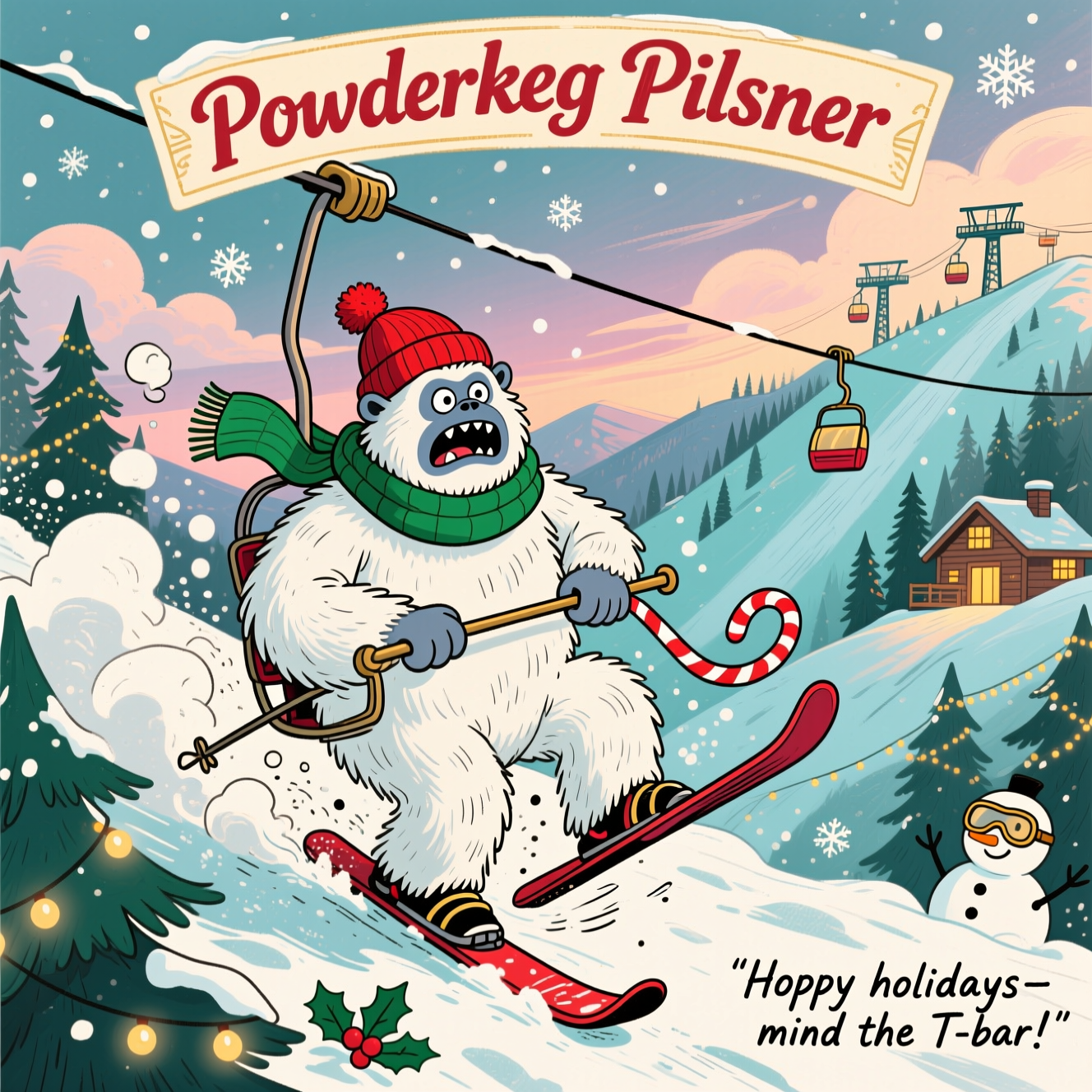 At the top of the Illustration Style image, Powderkeg Pilsner

Hand-drawn, funny Christmas illustration with fine linework and textured brush strokes, balanced composition, and a warm, expressive holiday palette (creamy whites, icy teals, pine greens, cranberry reds, and golden glow). Center focus: a big fluffy yeti being yanked uphill by a vintage T-bar lift. The yeti is holding the bar all wrong (clamped across his chest), eyes bulging with a hilariously scared expression, teeth chattering, red knit beanie with pom and a trailing green scarf. One ski has popped off mid-slope and is flipping through the air with motion lines and a spray of powder; the other ski is still strapped on, toes splayed. Powder swirls, breath cloud puffs, and a few twinkling snowflakes dot the air.

Backdrop: a sweeping alpine ski hill at snowy twilight, pine trees strung with tiny lights, a cozy timber lodge glowing in the distance, lift towers marching up the slope, and soft pastel clouds. The T-bar line runs diagonally up the composition, creating energetic movement. Add festive details: subtle holly sprigs tucked in the beanie, lightly candy-cane-striped T-bar grip, and a bemused snowman in goggles watching from the edge of the run (no extra text anywhere).

Top label treatment: render “Powderkeg Pilsner” as bold, hand-lettered, slightly arced vintage beer-label typography integrated into a banner at the very top, with delicate snowflake flourishes—no other wording in the label.

Small caption: place a single, playful handwritten line near the bottom right—“Hoppy holidays—mind the T-bar!”

Paper-grain texture, inked outlines, watercolor-like washes, soft stippled snow; warm rim light on the yeti and cool blue-violet shadows in the snow. Overall mood: dynamic, cozy, and comically chaotic.
Generated with these themes: A yeti being towed by a tbar up a ski hill, one ski falling off, scared expression, Backdrop ski hill , "Powderkeg Pilsner" label on top, and .
Made with ❤️ by AI.
