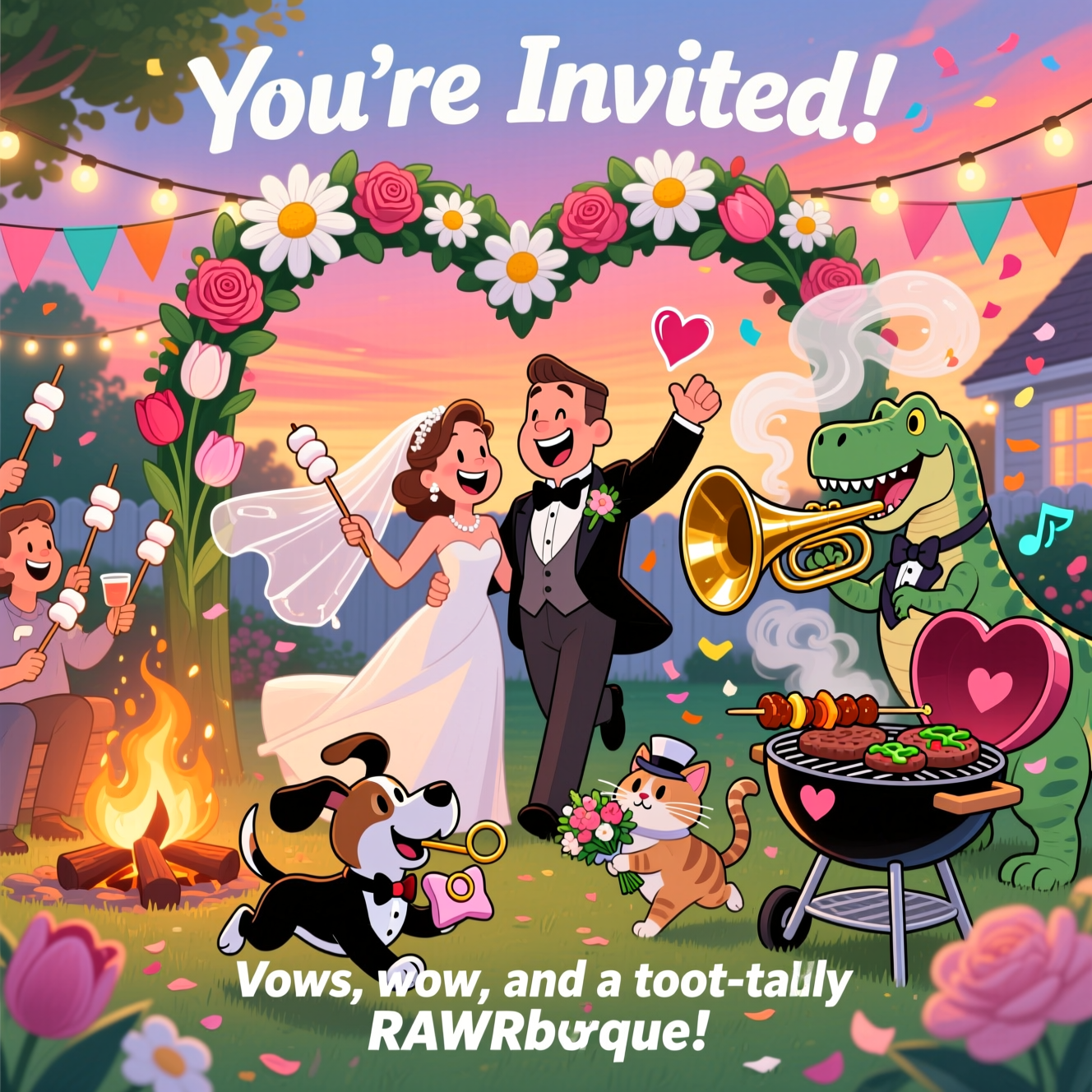 Bonfire, barbecue, flowers, dinosaur, tuba, cat, dog , and Wedding Card