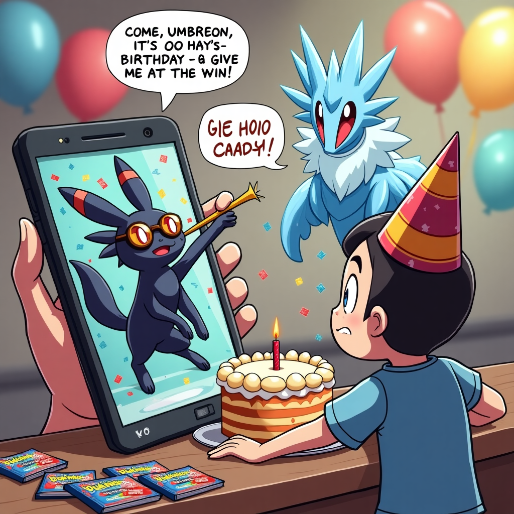**Image Prompt:**  
A cartoon-style scene of a dramatically intense Pokémon TCG card battle happening inside a phone screen. On one side, an overconfident Umbreon is striking a ridiculous victory pose, wearing birthday party sunglasses and blowing a party horn mid-battle. On the other side, a regal but frustrated Articuno is desperately flapping its wings as confetti rains down instead of ice — looking very confused. Outside the phone, a person (with exaggeratedly wide eyes and birthday hat askew) is furiously tapping the screen, shouting “C’mon, Umbreon, it’s my birthday — give me the win!” Balloons, a cake shaped like a Pokéball, and booster packs strewn about the room add to the festive chaos. Make the mood zany and light-hearted with exaggerated expressions and over-the-top energy.
Generated with these themes: Pokemon TCG card game phone app with umbreon battling articuno.
Made with ❤️ by AI.