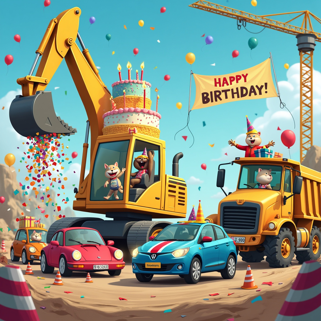 The front cover of the birthday greeting card is a bustling, cartoon-like construction site that's been overtaken by a birthday celebration. Picture a bright, sunny day with a clear blue sky. Front and center is a gigantic yellow digger, its bucket arm hoisting up a massive, intricately decorated birthday cake with multi-colored layers and an array of lit candles that spell out the age of the birthday person. The digger operator, a cheerful, helmet-wearing cat, waves excitedly from the driver's seat.

To the left, a line of cars, each whimsically anthropomorphized with googly eyes on their windshields and smiling grilles, is pulling up to the site, their trunks and hoods stuffed with oversized presents wrapped in vibrant wrapping paper and topped with big, floppy bows. A sleek red sports car has its sunroof open, and out pops a party horn that continuously toots, adding to the festive atmosphere.

On the right side, a bright blue dump truck is tilted, dumping out not rocks or gravel, but a cascade of colorful confetti and balloons that are drifting lazily to the ground. The truck’s cab has a large “Happy Birthday” banner draped across its front grille, and the driver, a cheerful dog wearing a hard hat, is enthusiastically throwing out party hats to everyone in sight.

In the background, a crane lifts a banner that says "Happy Birthday" in giant, playful letters. Balloons are tied to every possible surface—antennae, mirrors, and even the digger's arm. Several little construction cones, reimagined as party hats, are scattered around, with small workmen and workwomen who are actually dressed as clowns juggling construction tools.

Everywhere you look, there's a sense of joyous chaos, as though the entire construction site has been commandeered for the most epic birthday bash ever, combining the hardworking spirit of construction with the unrestrained joy of a birthday party.
Generated with these themes: Cars diggers trucks.
Made with ❤️ by AI.