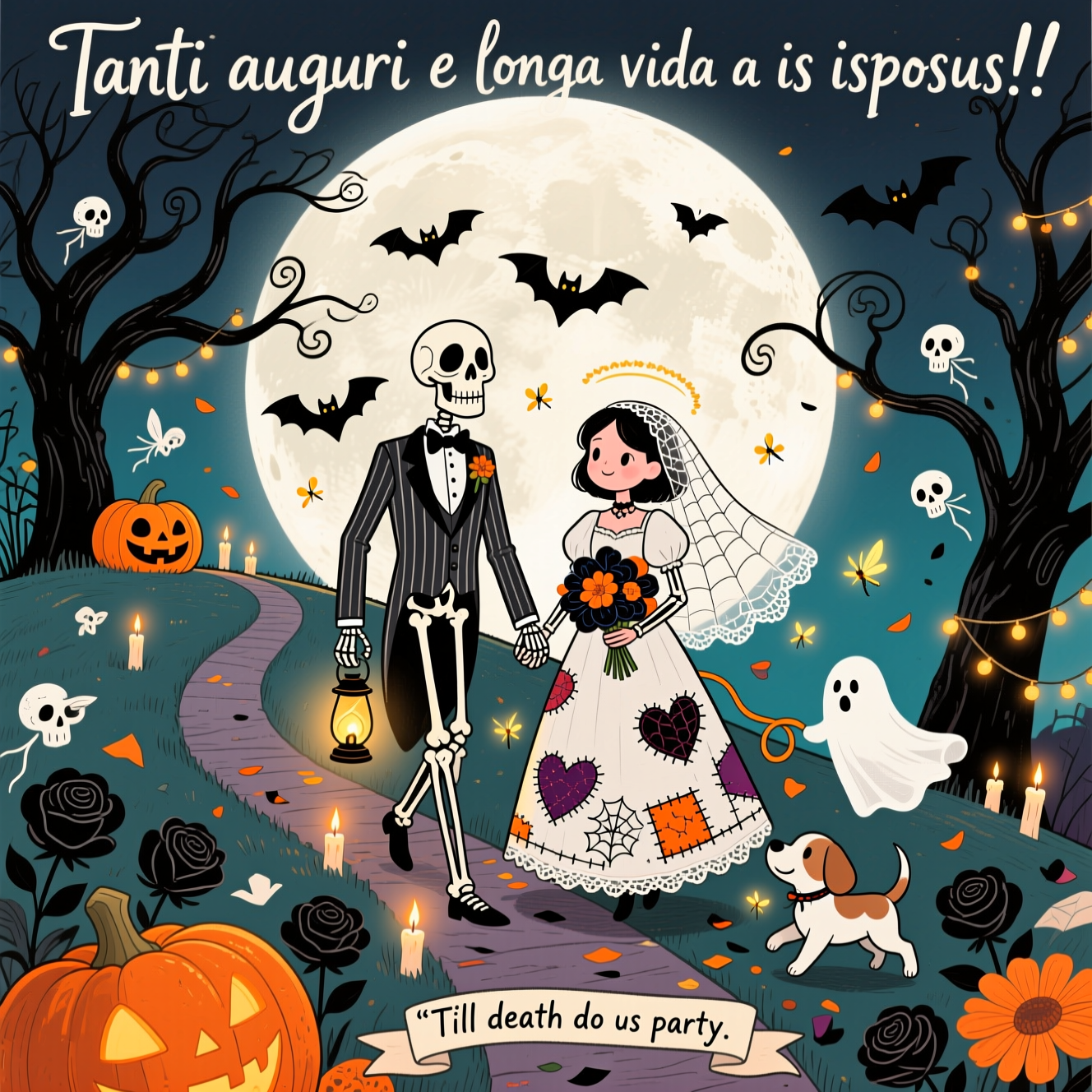 At the top of the Illustration Style image, Tanti auguri e longa vida a is isposus!!!

A romantic Halloween-night wedding beneath a colossal harvest moon on a curling hill, infused with Nightmare Before Christmas vibes: a whimsical skeletal groom in a pinstripe tailcoat and tiny bat bow tie holds hands with a sweet rag-doll bride in a stitched patchwork gown and spiderweb-lace veil; their fingers interlace tenderly as glowing fireflies drift around them. A lantern-lit pumpkin aisle leads up the hill, jack-o’-lanterns smiling warmly; twisted black trees with spiraled branches frame the scene, and a flutter of friendly bats forms a heart around the moon. A ghostly pup with a softly glowing nose bounds beside them, trailing the ring ribbon. Petals of black roses and paper-bat confetti float on the breeze; tiny skull-fairy-lights string between trees, casting candlelit ambers across bone-white highlights. The oversized moon bathes the couple in a gentle halo, making their stitched hearts and bouquet of inky anemones and pumpkin-orange marigolds glow.

Hand-drawn illustration style: fine, expressive linework with varied line weight; textured brush strokes that feel ink-and-gouache; subtle paper grain; balanced, vertical composition with generous sky for the headline. Warm, expressive palette: pumpkin orange, candlelight amber, bone white, velvet plum, midnight teal, and inky indigo, with soft moonlit glows and delicate cross-hatching shadows. Keep the mood tender and dreamy, more sweet than spooky.

Set the top text in whimsical hand-lettered script, slightly wobbly and ink-textured, bone-white with a faint moon-glow, gently arcing to echo the curve of the moon, accented with tiny bat doodles.

At the bottom, a small ribbon banner with a cheeky line in compact lettering: “Till death do us party.”
Generated with these themes: Nightmare Before Christmas, Halloween, and .
Made with ❤️ by AI.