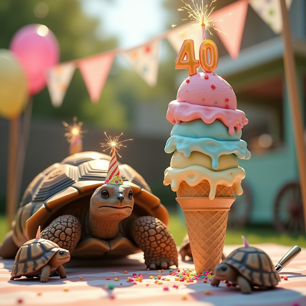 At the top of the Photorealistic picture taken from a camera image, Tortie is 40

Ultra-high-definition 4K UHD photorealistic birthday scene: a close, eye-level shot of a big tortoise at a sunny backyard ice-cream party. In the foreground, a towering waffle cone stacked with pastel scoops (strawberry, pistachio, blueberry) leans temptingly, glossy drips sliding down, rainbow sprinkles clinging to the tortoise’s nose and beak. Sparkler candles shaped as a 4 and a 0 fizz on the top scoop. A couple of smaller tortoises in tiny paper party hats mill around the base of the cone, one stretching its neck toward a puddle of melted ice cream, waffle cone crumbs scattered on the table. Background softly blurred with pastel bunting, balloons, and an old-fashioned ice-cream cart; warm late-afternoon sunlight creates a golden rim light on the shells and shimmering highlights on the melting ice cream. Lifelike textures: detailed scutes and skin, sugar crystals on sprinkles, condensation on a metal ice-cream scoop nearby. Accurate, natural lighting with gentle fill and realistic shadows. Shot on a full-frame camera, 50mm lens, f/4, ISO 200, 1/500s for crisp detail and a rich sense of depth.

Render the top text as a playful pastel ice-cream–drip party banner integrated across the sky area, subtle 3D emboss and soft shadow, matching the color palette.

Add one small in-image caption near the bottom on a crumpled paper napkin in casual hand-lettering: Slow and steady wins the scoop.
Generated with these themes: Ice cream, tortoises , and .
Made with ❤️ by AI.