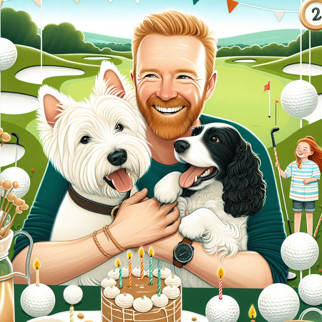 A heartwarming illustration of a birthday celebration. A tall man with ginger hair is depicted affectionately hugging a delighted West Highland White Terrier and a black and white Cocker Spaniel. All three of them radiate pure happiness, their faces lit up with joy. Surrounding them is an artistically represented golf theme. There's a picturesque fairway blending into the horizon, woven seamlessly into the scene, subtle elements of golf, such as intricate golf ball-shaped cake pops dotting the space. The scene is also embellished with subtle birthday decorations that add to the cheer and celebratory mood of the environment.
Generated with these themes: Westie, Black and white cocker spaniel , Golf, and Tall Ginger male cuddling dogs.
Made with ❤️ by AI.