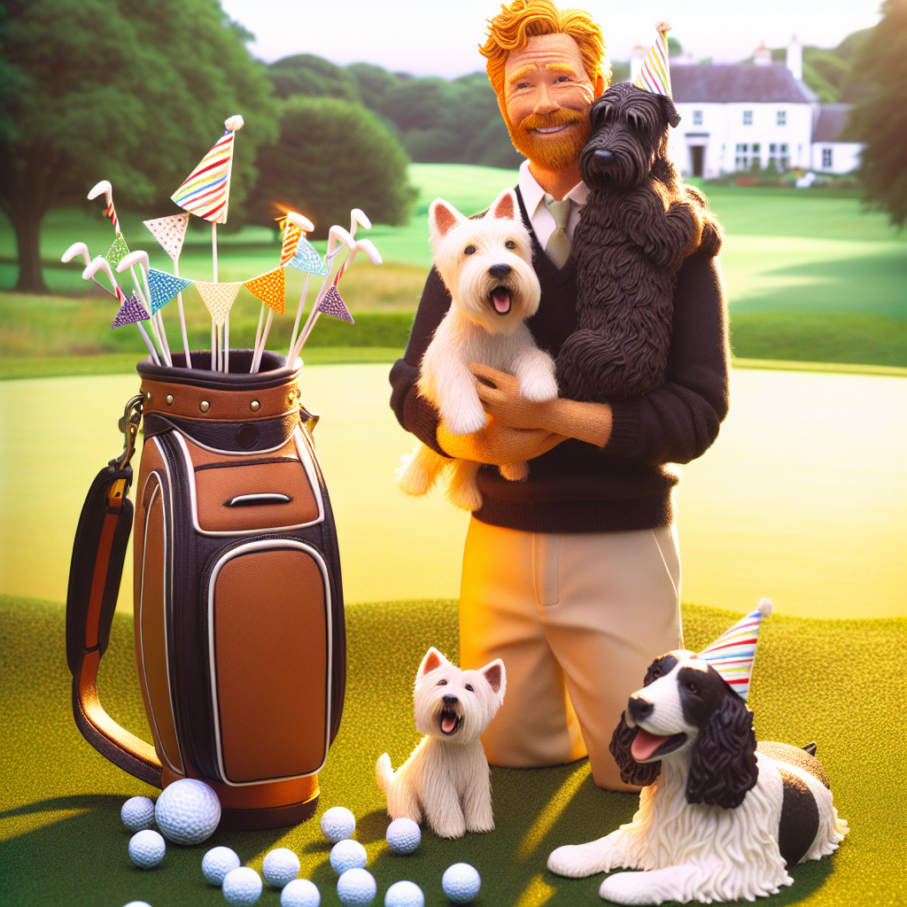 Imagine a charming and lifelike birthday scene on a beautifully manicured golf course. In this warm setting, a tall man with ginger hair, who is of Caucasian descent, shares a tender embrace with a jubilant Westie and a black and white Cocker Spaniel, their tails wagging synchronously in joyous celebration. The scene is made festive as golf balls and tees are creatively adorned with tiny birthday hats, adding a touch of whimsy to the otherwise serious sport. A golf bag stands nearby, playfully decorated with colorful streamers that dance in the gentle breeze.
Generated with these themes: Westie, Black and white cocker spaniel , Golf, and Tall Ginger male cuddling dogs.
Made with ❤️ by AI.