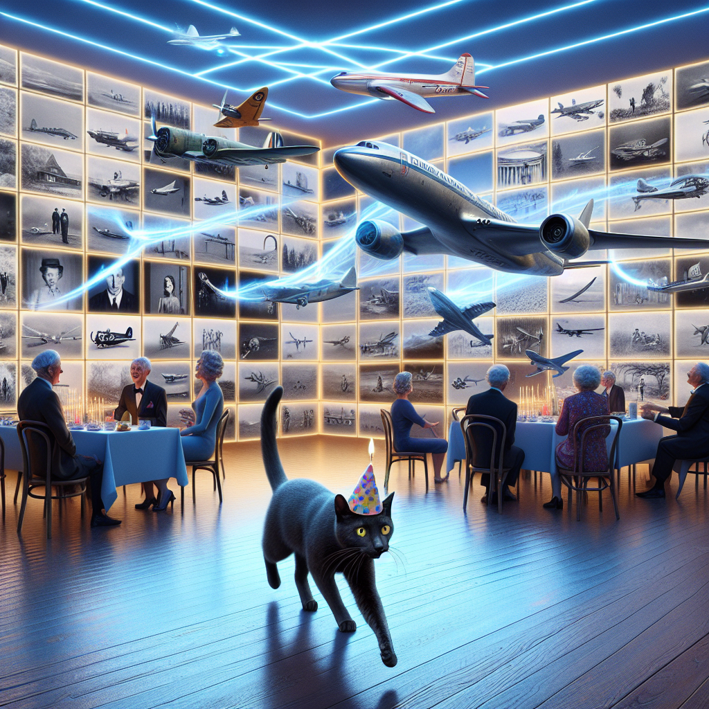 In this Surreal Realistic birthday tableau, a room transects reality, with gently pulsating walls adorned with still images that seem to come alive briefly. A sleek black cat, wearing a tiny birthday hat, saunters past guests, playfully swiping at holographic airplanes that zip around the room at eye level. The planes morph from early aviation models to modern jets in a beautiful display of aviation history. Their evanescent contrails spell out birthday wishes. The room is buzzing with an electric atmosphere that creates an uncanny celebration defying ordinary existence.
Generated with these themes: Black cat, Areoplanes , and Greys Anatomy .
Made with ❤️ by AI.