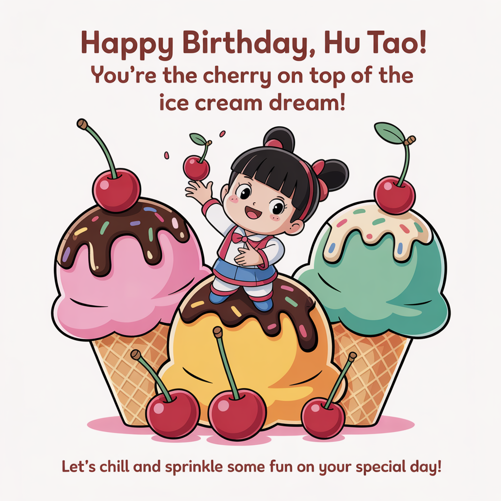 At the top of the image, "Happy Birthday, Hu Tao! You're the cherry on top of the ice cream dream!"

- In the center of the image, illustrate an adorable scene with Hu Tao, dressed in her iconic outfit, surrounded by oversized scoops of colorful ice cream with sprinkles and cherries. She's playfully juggling a couple of cherries, with a cheeky smile on her face.

- At the bottom of the image, add "Let's chill and sprinkle some fun on your special day!"
Generated with these themes: Ice cream hu Tao from genshin impact cute stuff , and .
Made with ❤️ by AI.