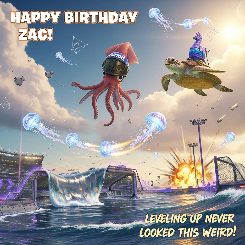 At the top of the Surreal Style image, write in playful, bubbly, cartoon-like letters: **"Happy Birthday Zac!"**  

A dreamlike, surreal seascape where a colossal squid wearing a Fortnite helmet hovers mid-air above an ocean made of shimmering Rocket League arenas, the stadiums bending and melting like soft cheese into the waves. A school of jellyfish with glowing boost trails zip past, flipping and barrel-rolling like Rocket League cars, their tentacles forming bizarre geometric patterns in the sky. A giant sea turtle drifts through the clouds, carrying a Fortnite loot llama on its shell, while goalposts rise out of the water like strange metallic coral. The lighting is golden and ethereal, with melting suns and drifting goal explosions illuminating the dream. In the lower corner, in playful handwritten text: **"Leveling up never looked this weird!"**
Generated with these themes: Sea creatures, Fortnite, Rocket League, and .
Made with ❤️ by AI.