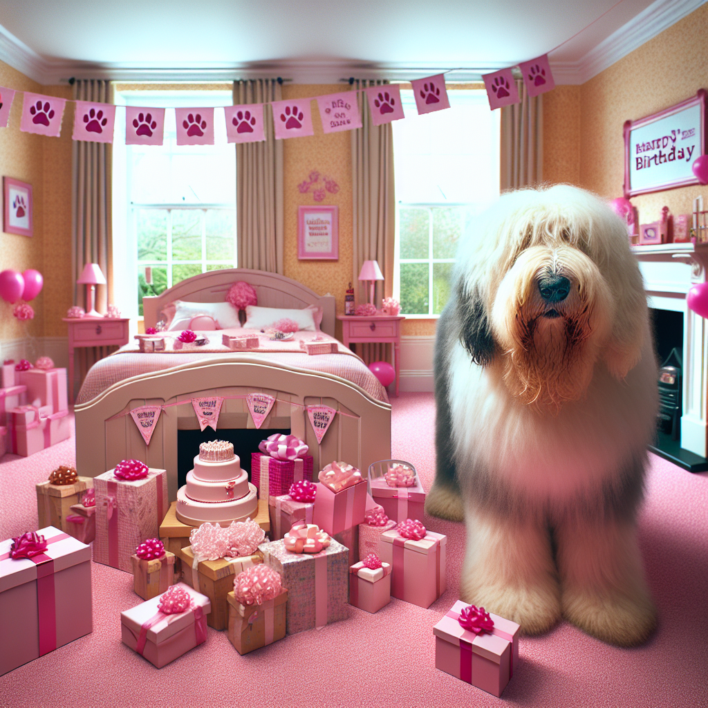 Old English sheepdog , and Pink Birthday Card