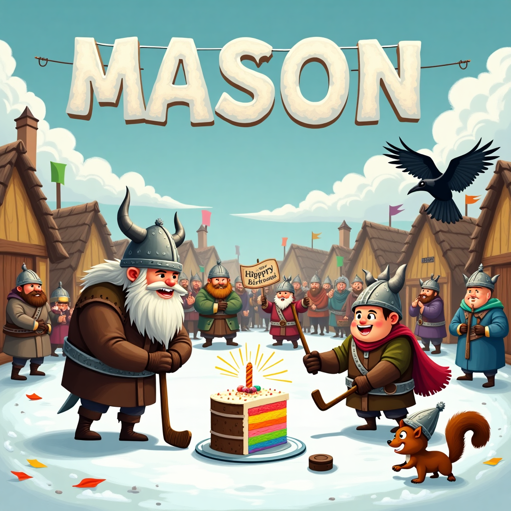 In the center of the scene, a bustling Viking village serves as the backdrop, with quaint wooden huts and vibrant Norse flags fluttering in the breeze. This time, the Vikings have traded their swords for hockey sticks, engaging in an epic match on a makeshift ice rink that stretches across the village green. A robust Viking, wearing a helmet with small horns, is poised mid-action, ready to slap the puck with a hand-carved hockey stick. His beard is frosted with ice, and his armor clinks as he moves. The puck itself is an oversized birthday cake, elaborately decorated with rune patterns, and a slice missing, revealing rainbow layers inside.

Nearby, a burly Viking goalie is decked out in an oversized bear-fur coat, standing ready to block the cake-puck from entering a goal made from crossed axes and shields. Behind him, cheering Viking villagers are perched on overturned mead barrels, clapping their hands and raising tankards. Each spectator is wrapped in colorful blankets against the chill, their expressions a mix of excitement and anticipation.

Above this scene, a clear sky stretches wide, with clouds forming the letters "Mason" in a whimsical font, as if they were shaped by a gentle breeze. A friendly raven, a nod to Norse mythology, flies overhead, clutching a rolled-up birthday banner in its beak. The banner unfurls to read "Happy Birthday, Mason!" in bright, festive colors.

In the foreground, a Viking child holds a helmet-shaped cake topped with sparklers, smiling with glee as he presents it to Mason, who is dressed in a comically oversized Viking helmet and grinning ear to ear. Nearby, a cheerful squirrel, donning a tiny Viking hat, offers a twig as a makeshift hockey stick, emphasizing the quirky charm of this Viking hockey birthday celebration.
Generated with these themes: Viking hockey birthday.
Made with ❤️ by AI.