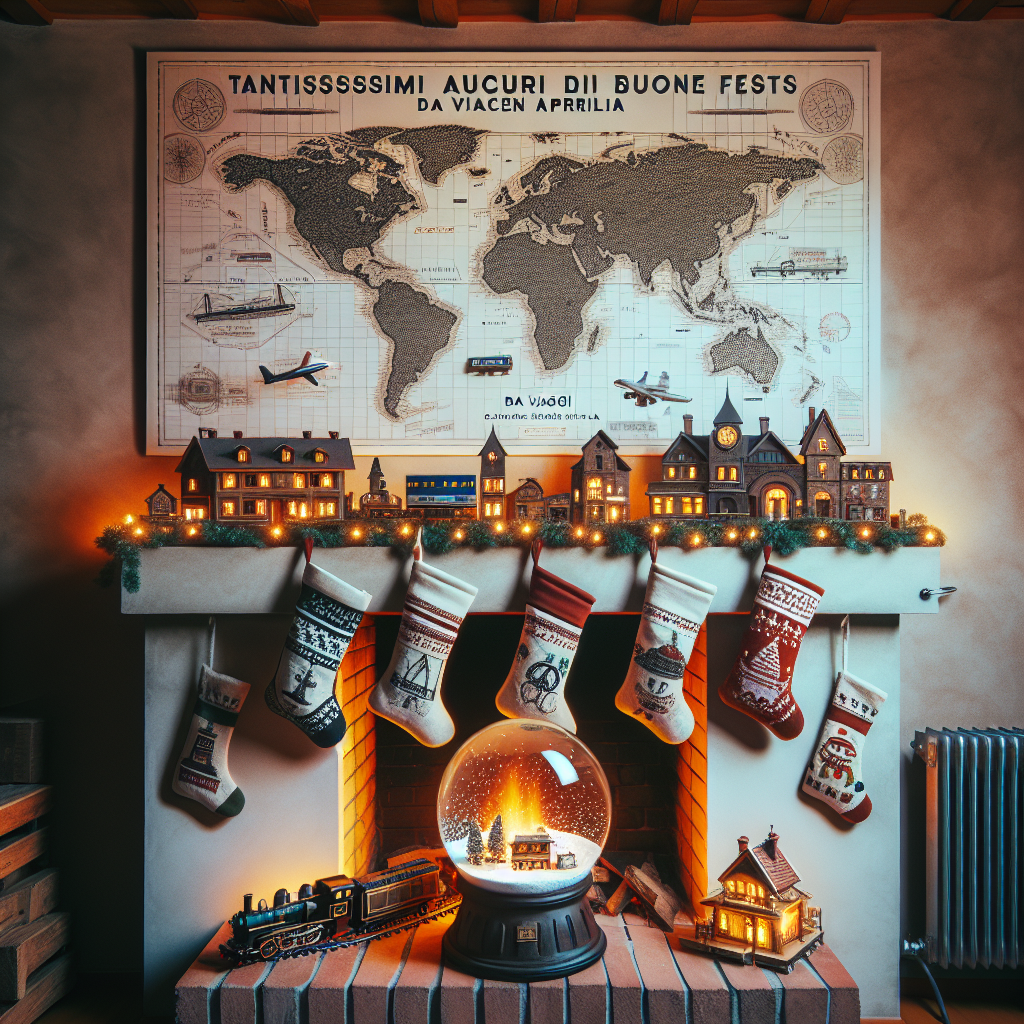 A cozy, fireplace setting inside a traveler's home, showcasing a hanging map with a Solemn Vector design, stockings adorned with global icons, and a mantle decorated with miniature trains and airplanes. On the mantle sits a snow globe with a scene echoing the theme, and above it, the festive greeting 'Tantissimi auguri di buone feste da Viaggi Carmen Aprilia' is spelled out in delicate cursive with holly berries accenting the text.
Generated with these themes: Travel .
Made with ❤️ by AI.