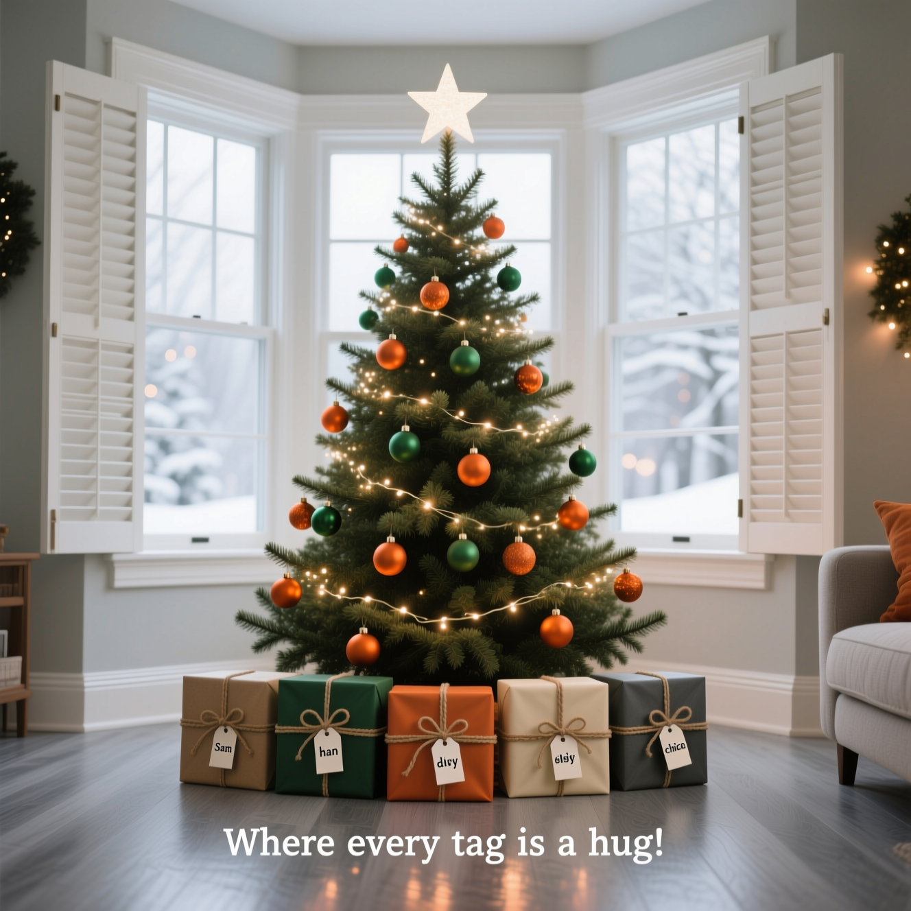 At the top of the Photorealistic picture taken from a camera image, Christmas at mummy’s is tradition!

Portrait, ultra-high-definition 4K UHD, sincere and cozy mood. A true-to-life living room with a bay window: white-painted trim, white wooden Venetian blinds tilted open to let soft, overcast winter daylight spill in. In the bay stands a tall, lush real fir Christmas tree. Decorations are restrained and elegant: a tasteful mix of glossy and matte orange and green baubles only, woven with warm white micro-LED fairy lights; a simple warm-white star topper. The floor is unmistakably grey (light grey-washed oak planks) and clearly visible in the foreground, softly reflecting the tree lights.

Under the tree, exactly six distinct presents arranged neatly. Cohesive wrapping palette (kraft, deep green, soft burnt orange, cream, and charcoal) with coordinating ribbons and twine. Each gift has a clearly legible tag facing the camera with the names exactly as: “Sam”, “han”, “daisy”, “ivy”, “elsie”, “chica”. Ensure all six names are visible at once and in focus.

Composition and light: natural, camera-realistic rendering. Shot from a low, human-eye perspective as if on a full-frame camera with a 50mm lens at around f/4, ISO 200, 1/125s. Rich depth of field: gifts and lower branches tack-sharp; distant baubles, window view, and fairy lights fall into gentle, creamy bokeh. Daylight from the window is a soft cool key; the tree lights add a warm 2700K glow. Accurate colors, lifelike textures (pine needles, glass reflections, paper grain, floor grain). No exaggerated HDR, no oversaturation, no people or pets, no logos.

Leave a touch of negative space near the top so the headline sits cleanly over the softly glowing window area. Add a small, subtle caption near the bottom in warm white, understated type: Where every tag is a hug.
Generated with these themes: Christmas tree with orange and green baubles with lights, situated in a bay window with blinds open, and 6 presents under tree each with a name. Sam / han / daisy / ivy / elsie / chica  floor needs to be grey in colour , and .
Made with ❤️ by AI.