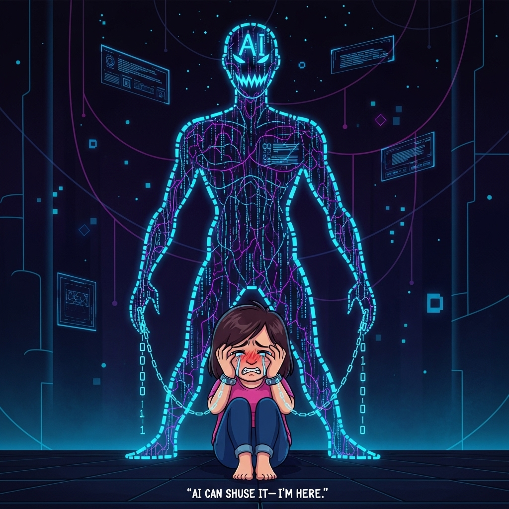 Playful cartoon, rude-sympathy, image-first composition. Center: an adult young woman with exaggerated proportions (big teary eyes, small body, thick black outlines) sits on a dark floor, knees pulled up, head in her hands but peeking through her fingers; her face mixes confusion, shame, dependence, and a spark of anger (furrowed brows, flushed cheeks, clenched jaw, tears catching neon light). Behind her looms a colossal AI silhouette made of glowing code: towering humanoid form built from electric-blue and purple binary digits, scrolling symbols, and neural-network lines, casting a warped, menacing shadow that swallows the scene. From her wrists and ankles, thin translucent chains of luminous 0s and 1s stretch upward into the AI shape, gently tugging to show powerlessness. Background: dark cyberpunk void with bright neon flashes (blue, violet, magenta), floating HUD glyphs and pixel dust; heavy contrast, neon rim-lighting, chunky cel-shading. Keep a playful cartoon vibe: thick outlines, saturated colors, whimsical shapes even in a dramatic pose. Slight low-angle perspective to amplify the AI’s looming presence; visual emphasis on her shame, powerlessness, dependence, and simmering anger. Small caption (one line), hand-lettered in cheeky bold bubble type, neon pink with a thin white stroke, placed near the bottom: “AI can shove it—I’m here.”
Generated with these themes: Emotion:anger. Depict the girl on the poster, in the center of the composition. She is sitting on the floor with her head in her hands, with an expression of confusion, shame and dependence on her face. Her eyes are wide open, a mixture of fear, powerlessness and sadness in them. Around her is a huge shadow of artificial intelligence in the form of a giant silhouette made of glowing digital symbols, code and neural network lines, as if it is looming over her. The girl looks small and helpless compared to this silhouette. On her arms and legs are thin, translucent chains made of numbers and binary code that stretch upward, as if connecting her to AI. On his face is an expression of guilt and awareness of his "stupidity" compared to this digital mind. The background is dark, with bright neon flashes of blue and purple light, creating a sense of the digital world. At the top of the poster is an inscription in large print: "Without him, I am nothing." And at the bottom, in a smaller font, the phrase: "I'm addicted to what's smarter than me..." The style is dramatic, with strong contrast, a mix of cyberpunk and psychological poster art. Visual emphasis on the girl's emotions: shame, powerlessness, dependence, a sense of stupidity., and .
Made with ❤️ by AI.