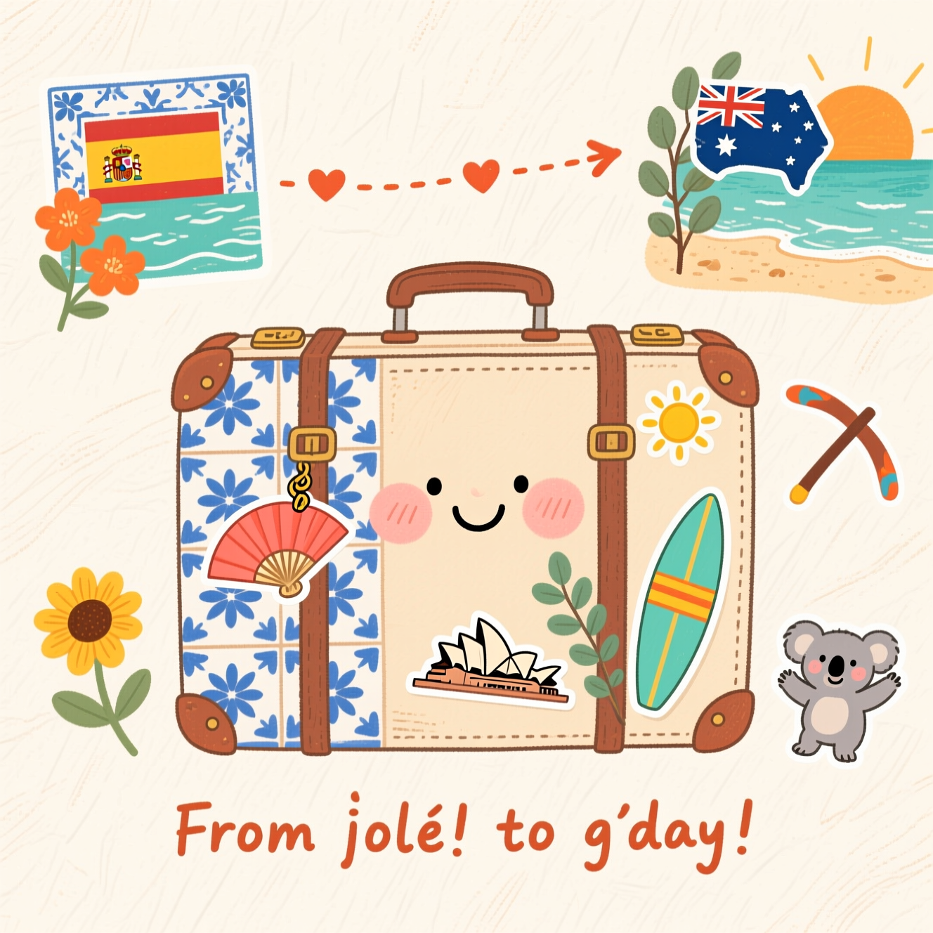 Cute hand-drawn illustration, portrait orientation. Centerpiece: a smiling vintage suitcase with rosy cheeks and fine ink linework, half decorated with blue-and-white Spanish azulejo tiles and a tiny flamenco hand fan charm, the other half with a sunny surfboard sticker, eucalyptus leaves, and a small Sydney Opera House sticker. A dotted flight path of tiny hearts arcs from a little Spain vignette on the left (ceramic tile pattern corner, orange blossoms, gentle Mediterranean waves) to an Australia vignette on the right (eucalyptus sprig, sandy shoreline, boomerang, a friendly koala waving). Warm, expressive palette: terracotta, coral, sunflower yellow, ocean teal, eucalyptus green on a soft cream paper-texture background. Textured brush strokes with subtle watercolor washes, delicate crosshatching, balanced composition with generous negative space, soft glow of a setting sun behind. Small, playful hand-lettered caption at the bottom center in warm terracotta: From ¡olé! to g’day! Whimsical, cozy, cute; no borders, no logos, no harsh shadows.
Generated with these themes: , and .
Made with ❤️ by AI.