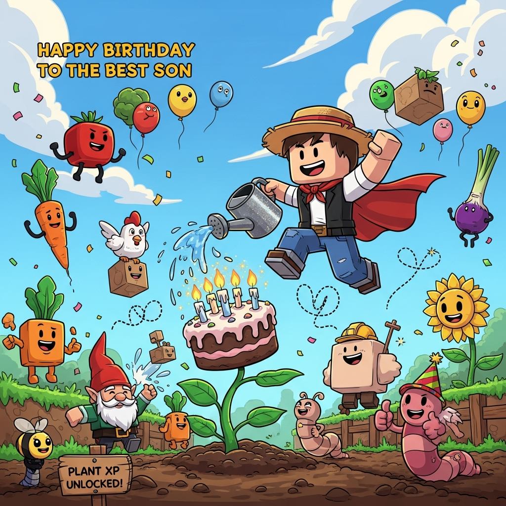 At the top of the Cartoon Style image, Happy Birthday to the Best Son

A playful, high-energy cartoon scene in a bright, blocky “grow a garden” world inspired by Roblox: a cheerful, square-limbed kid avatar (the birthday son) in a straw hat and a fluttering cape does an exaggerated leap while splashing glittery water from an oversized watering can onto a giant birthday-cake plant sprouting from rich soil; candles bloom like flowers and fizz with sparkles. Around him, silly cube critters and garden pals hustle: a grinning gnome getting accidentally sprayed, a chunky cube-chicken perched on a fence, a bee in a tiny hard hat buzzing loops, and a worm in a party hat giving a thumbs-up. Oversized square carrots, tomatoes, and sunflowers with goofy faces bob and wiggle. Vivid saturated colors, thick black outlines, bold cel-shading, dynamic perspective, confetti and balloon-vegetables floating through a sunny sky with chunky cloud blocks. Add one small cheeky line on a wooden garden sign near the bottom: Plant XP Unlocked!
Generated with these themes: Roblox grow a garden, and .
Made with ❤️ by AI.