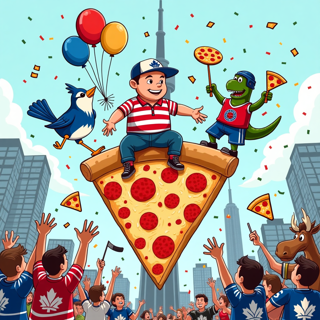 At the top of the illustration image: **"Happy Birthday, Dad — You’re the MVP of Maple Leaf Mozzarella & Raptors in Polo!"**

An illustration showing a hilarious birthday party scene on a giant slice of pizza shaped like the CN Tower. Dad (a cheerful cartoon character) is riding the pepperoni-covered tower wearing a classic striped polo shirt, with party balloons tied to his shoulders.

Surrounding him are quirky mascots:
- A blue jay bird tossing pizza slices like frisbees while wearing oversized Raptors shorts,
- A dinosaur in Raptors gear high-fiving fans and using breadsticks as drumsticks on a pizza box drum kit,
- A hockey stick-wielding moose wearing a Maple Leafs helmet trying to score a goal using a pizza as the puck.

Background details include birthday banners hanging between downtown Toronto buildings, decorated with mini pizzas and confetti, and fans in jerseys celebrating with pizza slices instead of cake.

The whole vibe is festive, pizza-scented chaos—pure birthday madness with a triple dose of Toronto sports pride and Dad energy.
Generated with these themes: Pizza, Polo Shirt, Toronto Blue Jays, Toronto Raptors, and Toronto Maple Leafs.
Made with ❤️ by AI.