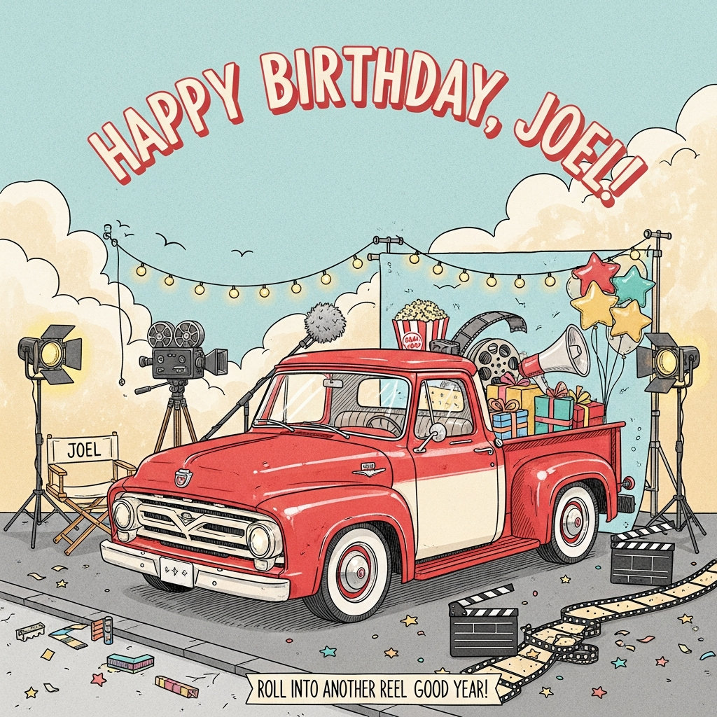 At the top of the Illustration Style image, the text: "Happy Birthday, Joel!" in playful hand-lettering, cream white with a soft red drop shadow, gently arced across the sky.

Cute, hand-drawn illustration with fine linework and textured brush strokes: a classic red-and-white Ford F-100 pickup parked on a cozy movie backlot at golden hour. Three-quarter front view, candy-apple red body with cream roof and side panels, whitewall tires and chrome accents, softly rounded with a friendly, charming vibe. The pickup’s bed brims with filmmaking magic—vintage 35mm camera on a tripod, a striped popcorn tub, coiled film reels flowing like ribbons, a shiny megaphone, wrapped birthday gifts, and star-shaped balloons tied to the tailgate.

Surround the truck with a whimsical mini film set: a director’s chair labeled "Joel", a boom mic with a fluffy windscreen, a clapboard, warm studio lights, and painted backdrop flats (pale blue sky and puffy cream clouds). String lights drape overhead, casting golden twinkles. On the ground, chalk tape marks, scattered confetti stars, and a playful film strip snaking along the curb.

Place a small clapperboard near the bottom foreground with the caption written on it: "Roll into another reel good year!"

Style and mood: balanced composition with the truck as the hero, ample cozy negative space in the upper sky for the headline; warm, expressive palette of reds, creams, buttery yellows, soft teals, and muted blues; soft paper grain, watercolor-like textures, gentle shading, and fine pen linework for a cute, celebratory feel.
Generated with these themes: Red and white ford f100 pickup, working on movies, and .
Made with ❤️ by AI.