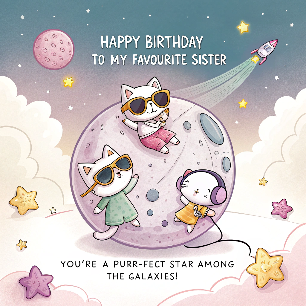 At the top of the image, "Happy Birthday to my favourite sister":

At the bottom of the image, "You're a purr-fect star among the galaxies!"

- In the center of the image, depict an adorable cartoon scene with a whimsical cat wearing oversized, gold-rimmed sunglasses, lounging on a crystal-encrusted moon. Around the moon, tiny cartoon babies in rapper attire dance among twinkling stars and floating planets, holding microphones and surrounded by sparkling crystals. The sky is a vibrant, swirling mix of deep blues and purples, creating a magical and playful astrological backdrop.
Generated with these themes: Astrology , Rap, Cats , Crystals , Babies , and .
Made with ❤️ by AI.