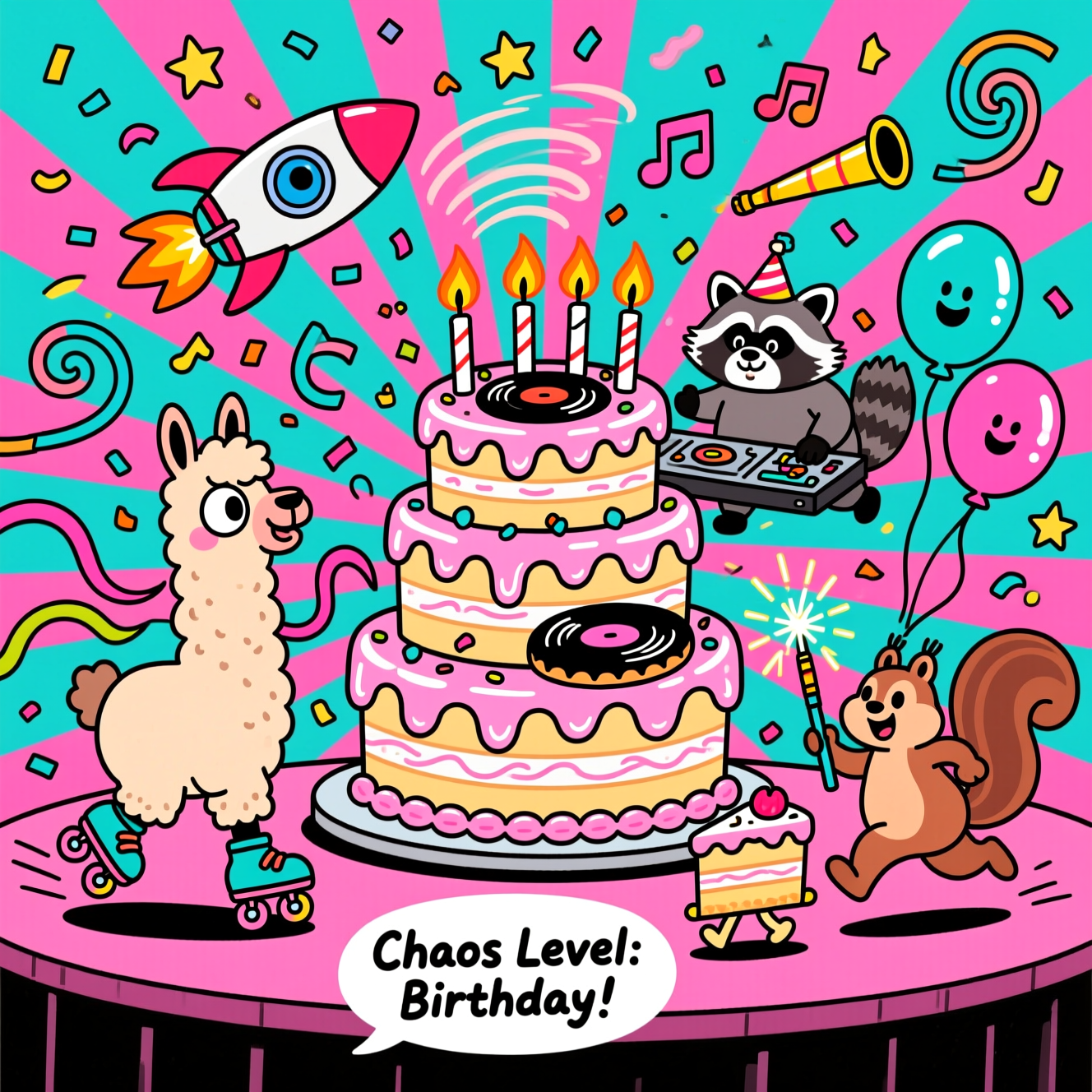 Crazy, funny, cartoon birthday scene with exaggerated proportions, thick black outlines, and bright saturated colors. Center stage: a towering, wobbly three-tier cake slathered in glossy frosting, rocket-candles blasting tiny flames, sprinkles flinging into a swirling confetti tornado. Characters in wild, whimsical poses: a googly-eyed llama on roller skates zooms around the cake trailing streamers; a chubby raccoon DJ spins a frosted donut like a record, flinging music-note confetti; a hyper squirrel bursts from a party popper clutching a sparkler. A runaway slice of cake with little legs sprints off, balloons with silly faces stretch and bob, party blowers curl into spirals, motion lines everywhere. Background: electric teal-to-hot-pink radial burst with floating stars and squiggles; crisp cel shading, glossy highlights on balloons and icing, playful squash-and-stretch energy. Portrait, full-bleed composition, image-first with a single small caption only. Place a small, single-line, hand-lettered bubble caption near the bottom: “Chaos Level: Birthday!” in white with thick black outline and neon cyan/pink drop shadow for punch. Keep everything else text-free; ultra-clean linework, high-energy, whimsical cartoon vibe.
Generated with these themes: Crazy, and .
Made with ❤️ by AI.