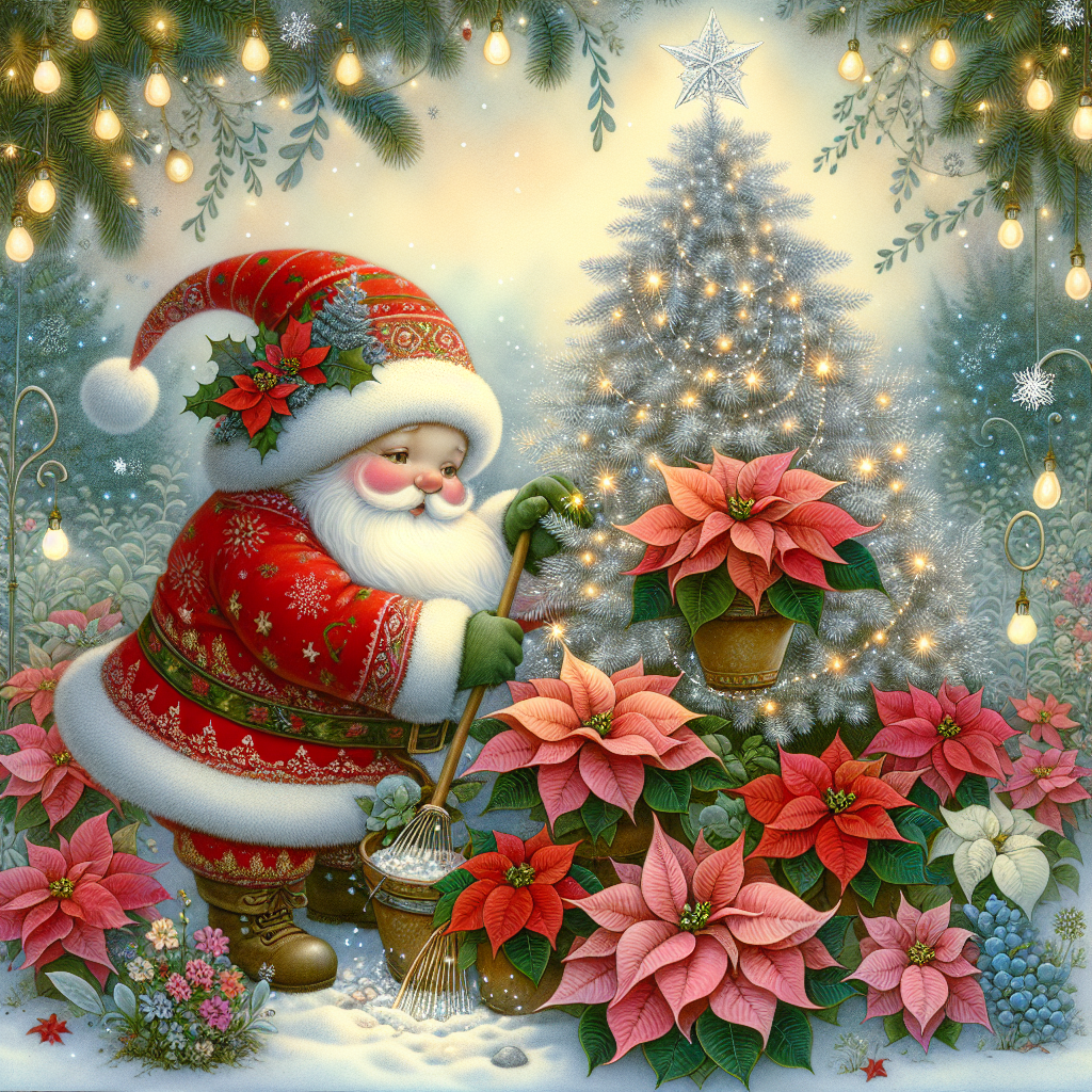A whimsical scene featuring a chubby Santa Claus tending to a garden of vibrant poinsettias, nestled under a silvery christmas tree. Twinkling lights intertwine with the plants, and occasionally, a snowflake touches down gently upon the leaves. Right in the center of the illustration, 'Καλά Χριστούγεννα! Α/Σ Ερυθρών' is scripted in elegant, golden font.
Generated with these themes: Plants.
Made with ❤️ by AI.