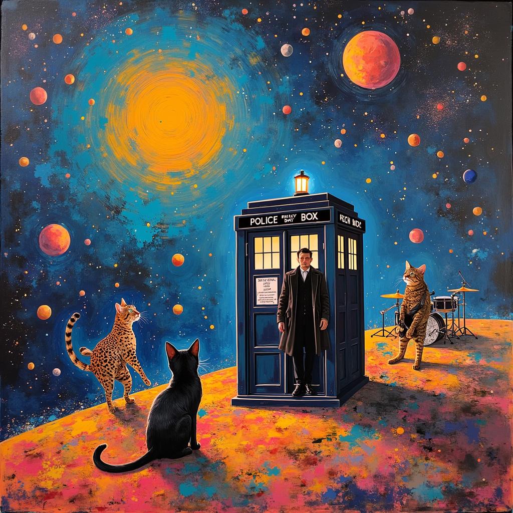 The scene is set in the swirling cosmos of space, reminiscent of a Jackson Pollock canvas, splattered with stars and nebulae in a chaotic yet harmonious manner. At the center, a TARDIS—rendered in bold geometric shapes evocative of Piet Mondrian—rests on a planet's surface textured like a Kandinsky composition, full of vibrant circular forms and abstract lines. Emerging from the TARDIS is the iconic figure of the Doctor, dressed in a flowy coat adorned with a pattern inspired by Joan Miró’s playful biomorphic shapes and bright colors, though rendered in a black monochrome to nod to the edgy aesthetic of Alternative Rock. Surrounding the TARDIS is a group of cats, each portraying members of a rock band, complete with miniature instruments that blend Cy Twombly's scribblings with hard-edged, Rothko-esque blocks of black. The bass guitar cat rests against a subtle grid backdrop akin to Agnes Martin's work, while the drummer cat is positioned on a semi-transparent drum set that exudes an ethereal quality reminiscent of Gerhard Richter's blurred paintings. In the sky, constellations take the form of abstract shapes inspired by Kazimir Malevich's suprematism, representing guitar picks and musical notes that float like Willem de Kooning's frenetic brushstrokes. This intergalactic birthday scene defies the ordinary, coalescing the familiar with the fantastical through an artist’s abstract lens.

Generated with these themes: Cats, Doctor Who, Alternative Rock, and Black.  
Made with ❤️ by AI.