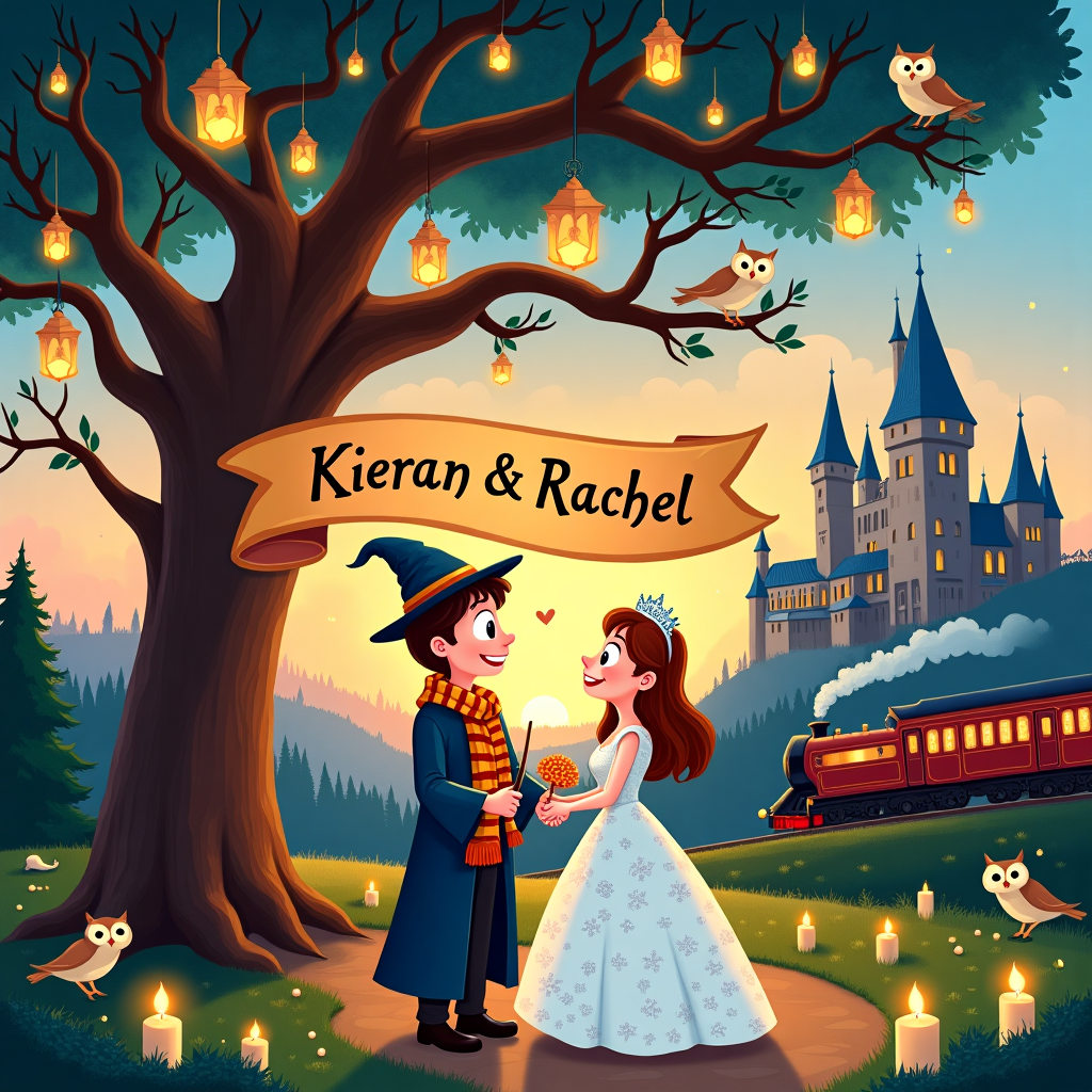 The front cover of the wedding greeting card bursts with vibrant colors and a whimsical atmosphere, inspired by the magical world of Harry Potter.

**Foreground:**  
In the center, a cartoonish rendition of a wedding scene unfolds. The bride and groom stand beneath a sprawling, enchanted oak tree whose branches twist upwards, dotted with glowing lanterns in the shape of golden snitches. Their features are slightly exaggerated, reminiscent of a Schulz or Watterson character, with wide, expressive eyes and joyful smiles. The groom sports a wizard's robe and hat with a tie that is vividly patterned like the Gryffindor house scarf. The bride wears a gown that glimmers with silver stars, resembling the night sky, and a tiara that features the Hogwarts crest. Both are holding wands, from which tiny sparks and flowers are flying.

**Background:**  
Behind them, Hogwarts castle looms in the distance, its towers and spires outlined in a Disney-esque style with Osamu Tezuka's intricate details. The castle is bathed in the golden light of sunset, with hues of deep orange, pink, and purple painting the sky, creating a magical twilight effect.

**Middle Ground:**  
To the right, a cartoonish owl post office is depicted, its structure similar to something from Winsor McCay's dreamscapes, with multiple owls resting on perches, ready to deliver love letters. To the left, a whimsical rendition of the Hogwarts Express chugs along a track, smoke puffing out in playful, exaggerated curls, and its windows glowing warmly.

**Text Placement:**  
The text "Kieran & Rachel" is creatively incorporated into the scene, written in flowing script across a floating banner held aloft by two cheerful, round-faced hippogriffs soaring in the sky. The banner itself is a deep, velvety blue, with golden trim, adding a regal touch.

**Other Elements:**  
Scattered around are floating candles that echo the Great Hall's ceiling, providing additional light and magic to the scene. A few friendly house elves, illustrated with a touch of Gary Larson's humor, peek out from behind the tree, adding a playful element. The ground is sprinkled with flowers and herbology-inspired plants, in various shades of green, red, and gold.

The card's overall design takes cues from the playful, detailed, and whimsical styles of artists like Bill Watterson and Walt Disney, while incorporating the magical elements and fantastical details found in the world of Harry Potter.
Generated with these themes: Harry Potter.
Made with ❤️ by AI.