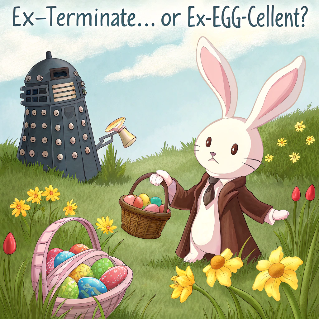 At the top of the image, "EX-TERMINATE... or EX-EGG-CELLENT?"

- Create a realistic photograph-style scene of a grassy English countryside during Easter.
- In the foreground, a grumpy Dalek wearing floppy pink bunny ears is surrounded by brightly colored Easter eggs, awkwardly trying to hold a basket with its plunger arm.
- Just behind the Dalek, the TARDIS is half-open with the Doctor peeking out, holding a chocolate bunny and laughing.
- Spring flowers like daffodils and tulips are in bloom, and a curious lamb is nibbling on one of the Dalek's ear flaps.
- A few pastel-colored drones (mini flying egg-shaped Daleks) hover above, dropping eggs instead of laser beams.
- A handmade wooden sign sticks out of the grass reading “Welcome to Egg-Sterday, Population: Confused”.
Generated with these themes: Tardis with Dalek at Easter time.
Made with ❤️ by AI.