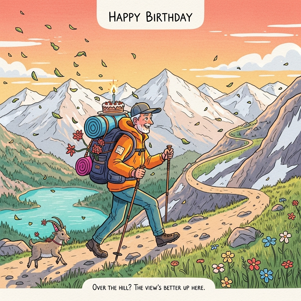 At the top of the Illustration Style image, "Happy Birthday"

Hand-drawn illustration in a warm, expressive color palette with fine linework and textured brush strokes, portrait orientation. Funny mountain scene at golden hour: an older, clean-shaven man (60s, no beard) in a well-loved baseball cap and bright windbreaker strides up a high alpine ridge with two hiking sticks, grinning with lively energy. His pack is comically strapped with a slightly wobbly birthday cake and a rolled sleeping mat; a single candle flickers as he hikes. A tiny mountain goat in a party hat scrambles behind, trying to keep up. The winding S-curve trail leads the eye past the hero to shimmering teal-blue lakes below and snow-dusted mountains glowing in apricot-rose light. Wildflowers and confetti-like leaves swirl in the warm breeze. Balanced composition: crisp ink lines on the character, watercolor-like sky wash, paper-grain texture, golden rim light and long soft shadows, playful details and cozy adventurous vibe. Illustration Style, humorous and celebratory.

At the bottom of the image, small hand-lettered caption: "Over the hill? The view’s better up here."
Generated with these themes: Older man with no beard, Hiking, Hiking sticks, Mountains, Lakes, Baseball cap, and .
Made with ❤️ by AI.